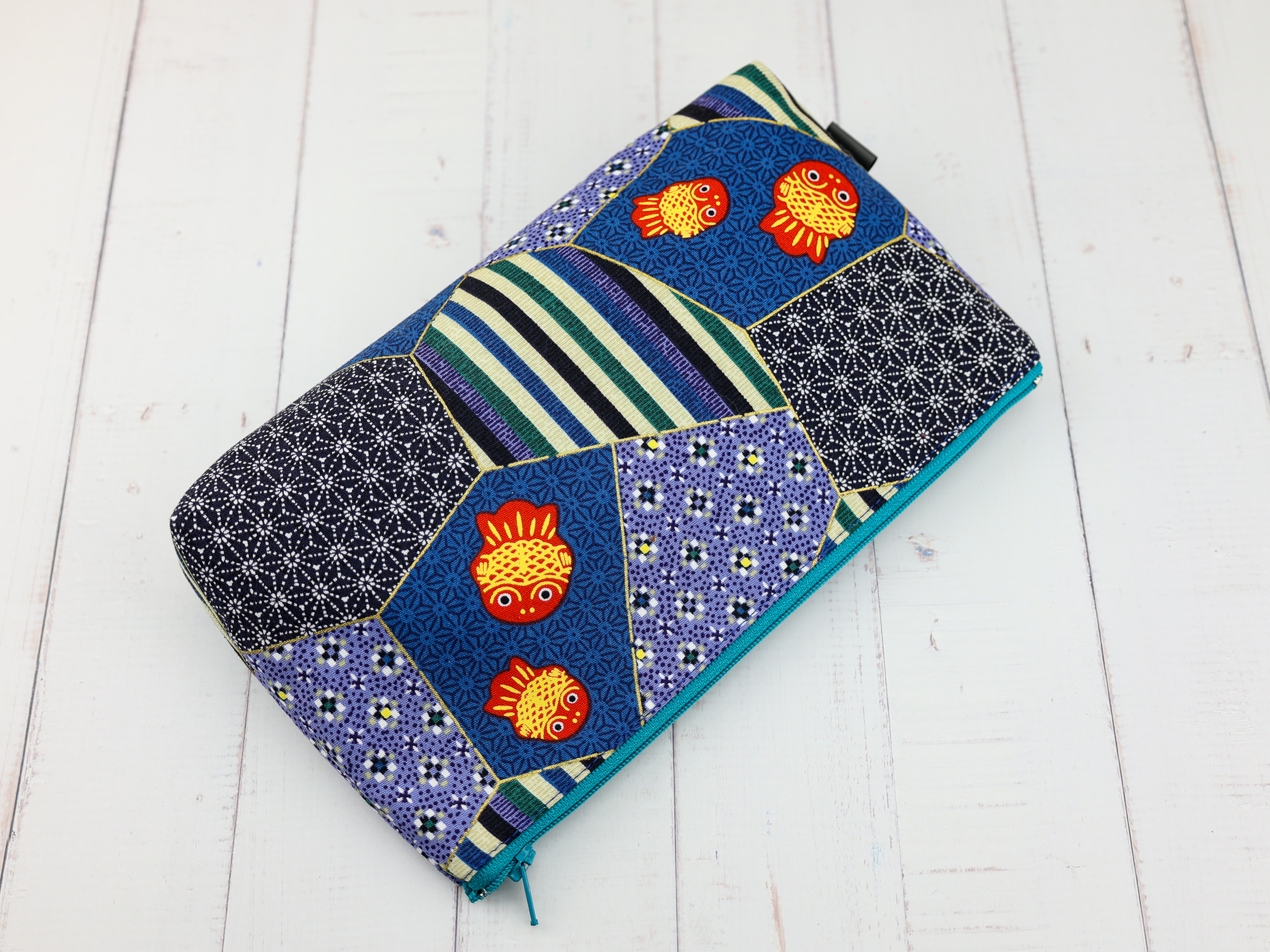 Japanese Goldfish Patchwork Zipper Pouch – Blue Cotton Makeup Bag, Cute Organizer Gift