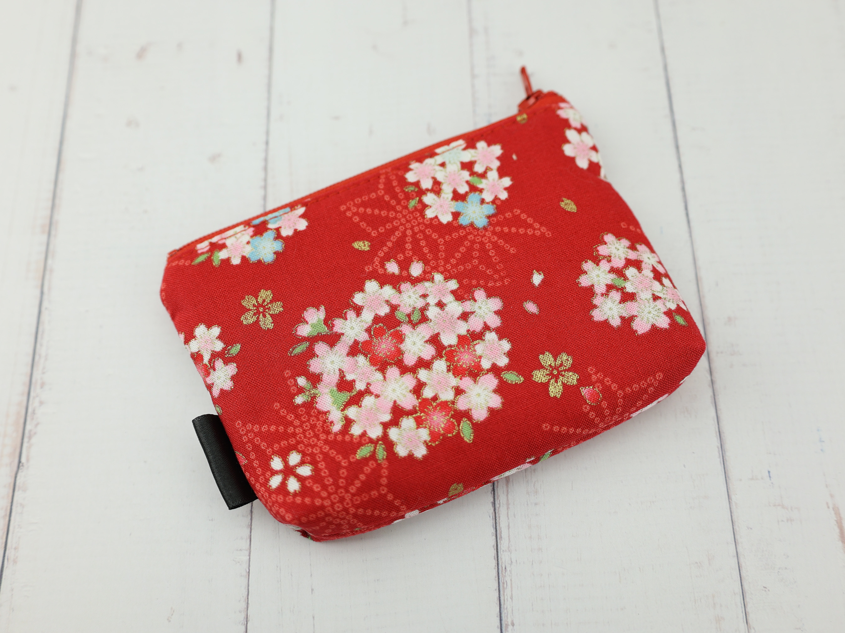 Red Sakura Coin Purse – Small Zipper Pouch with Floral Kimono Fabric