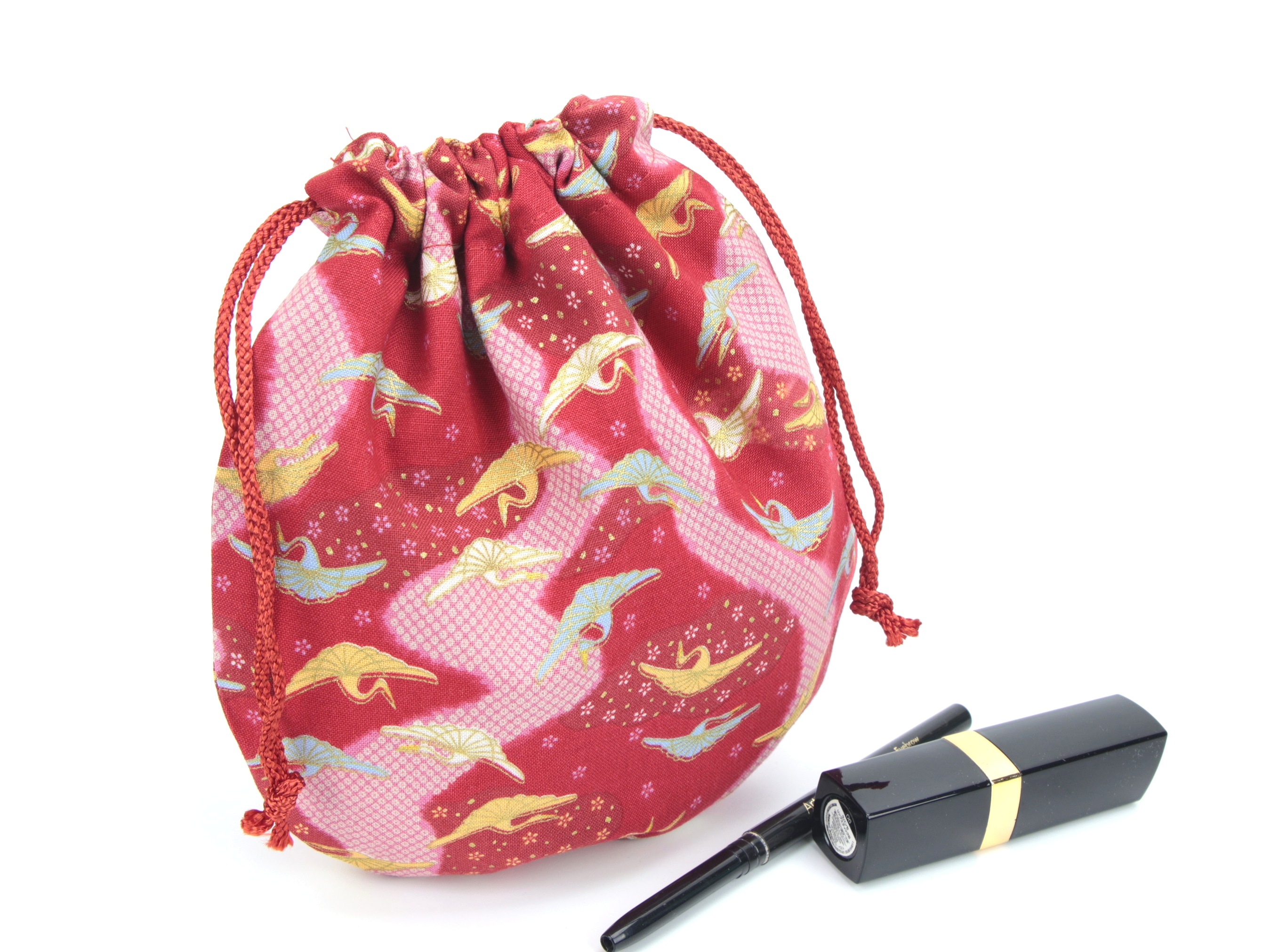 Retro Drawstring Pouch, Mother's Day Gift Idea, Small Make-up Bag, Kimono Cotton, Crane Red