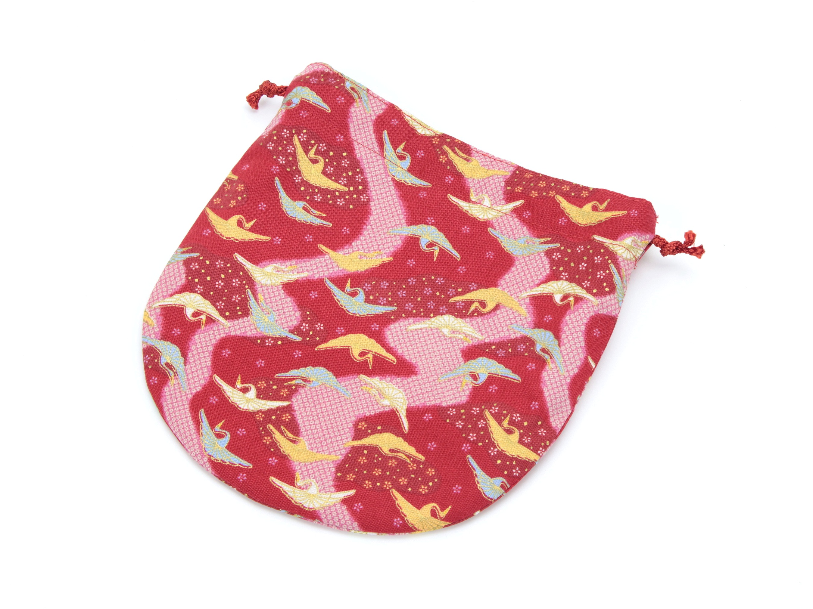Retro Drawstring Pouch, Mother's Day Gift Idea, Small Make-up Bag, Kimono Cotton, Crane Red
