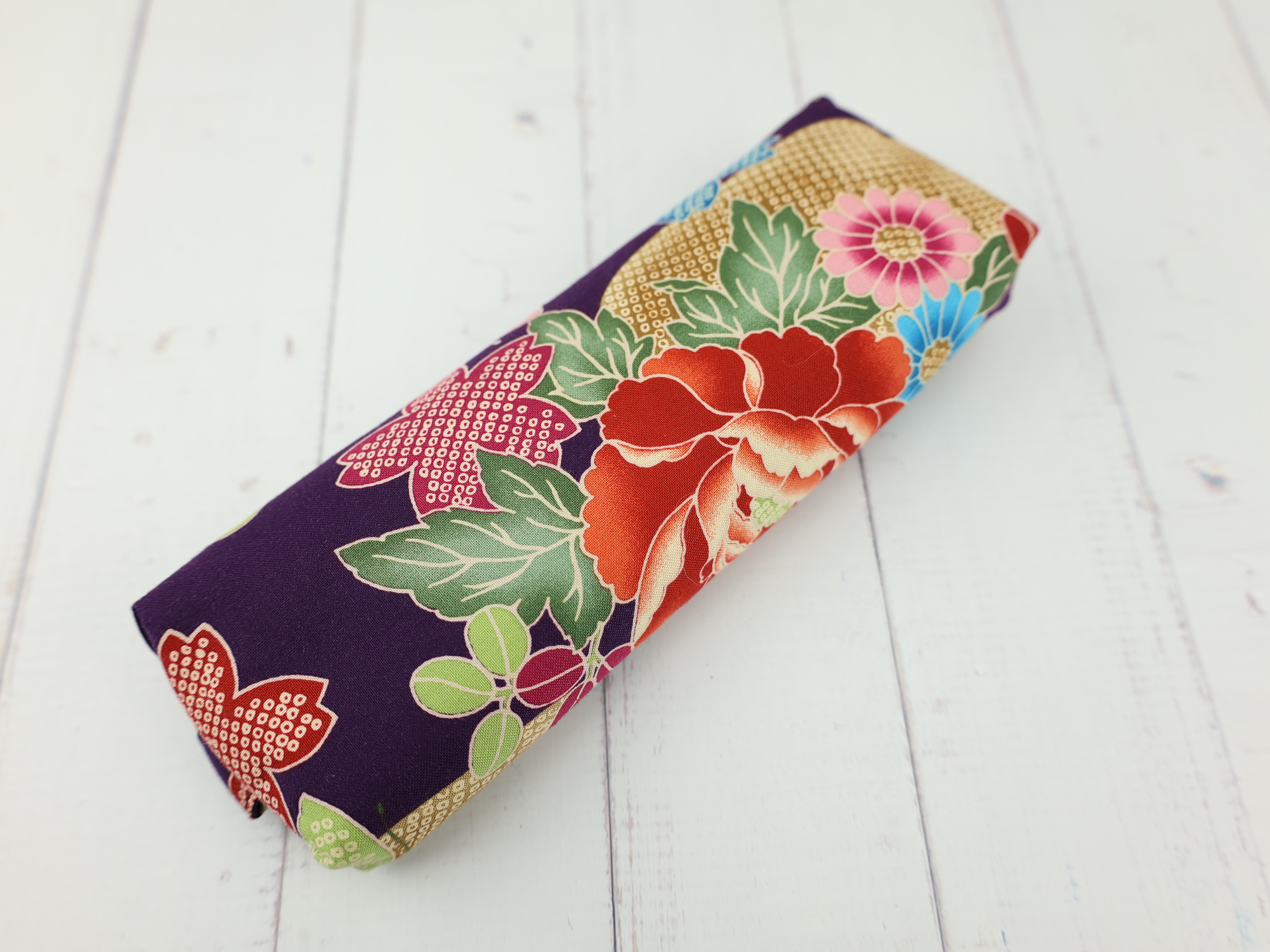 Large Peony Zipper Pouch – Soft Japanese Pencil Case in Purple Kimono Fabric, Bold & Colorful
