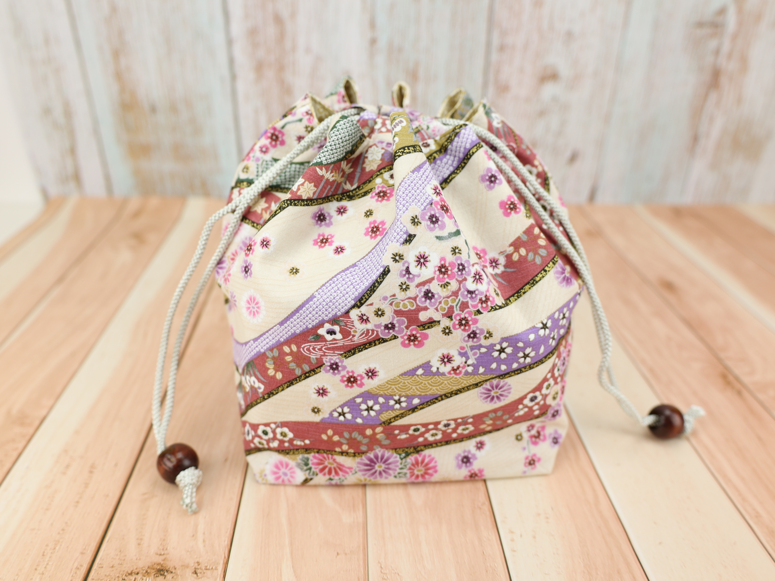 Kimono Fabric Drawstring Pouch: Handmade Cotton Makeup Bag Cherry Blossoms
