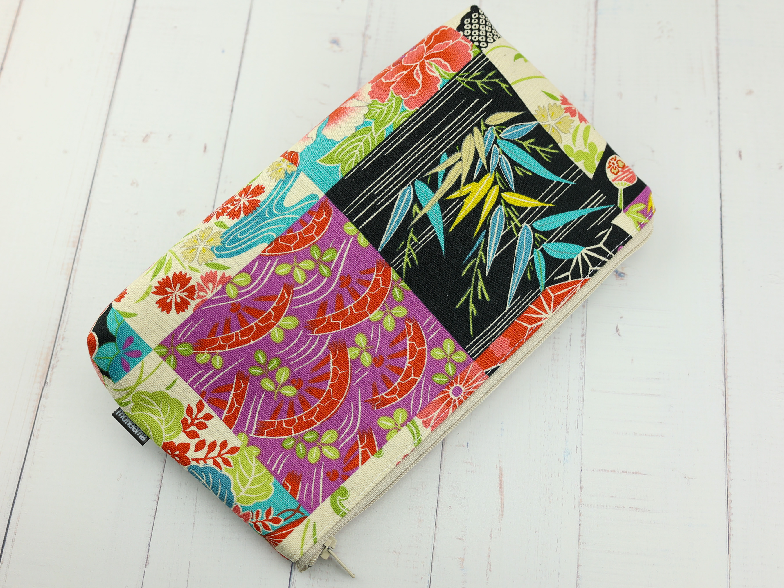 Patchwork Pattern Pouch – Bamboo, Peony Japanese Fabrics, Colorful Clutch, Handmade Zipper Bag