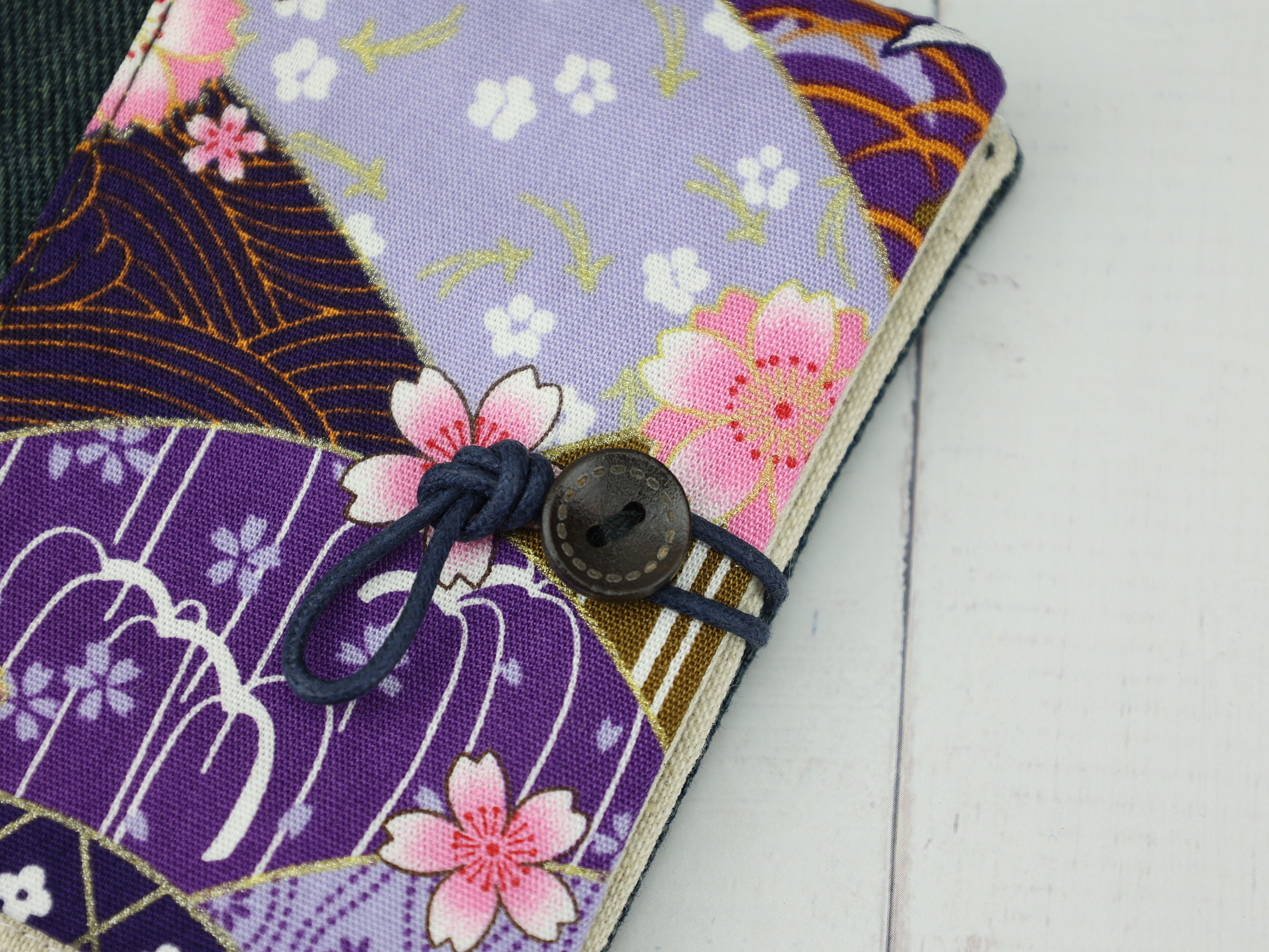 Japanese Sakura Wave Pad Holder – Purple and Lilac Kimono Patchwork Pouch with Button Closure