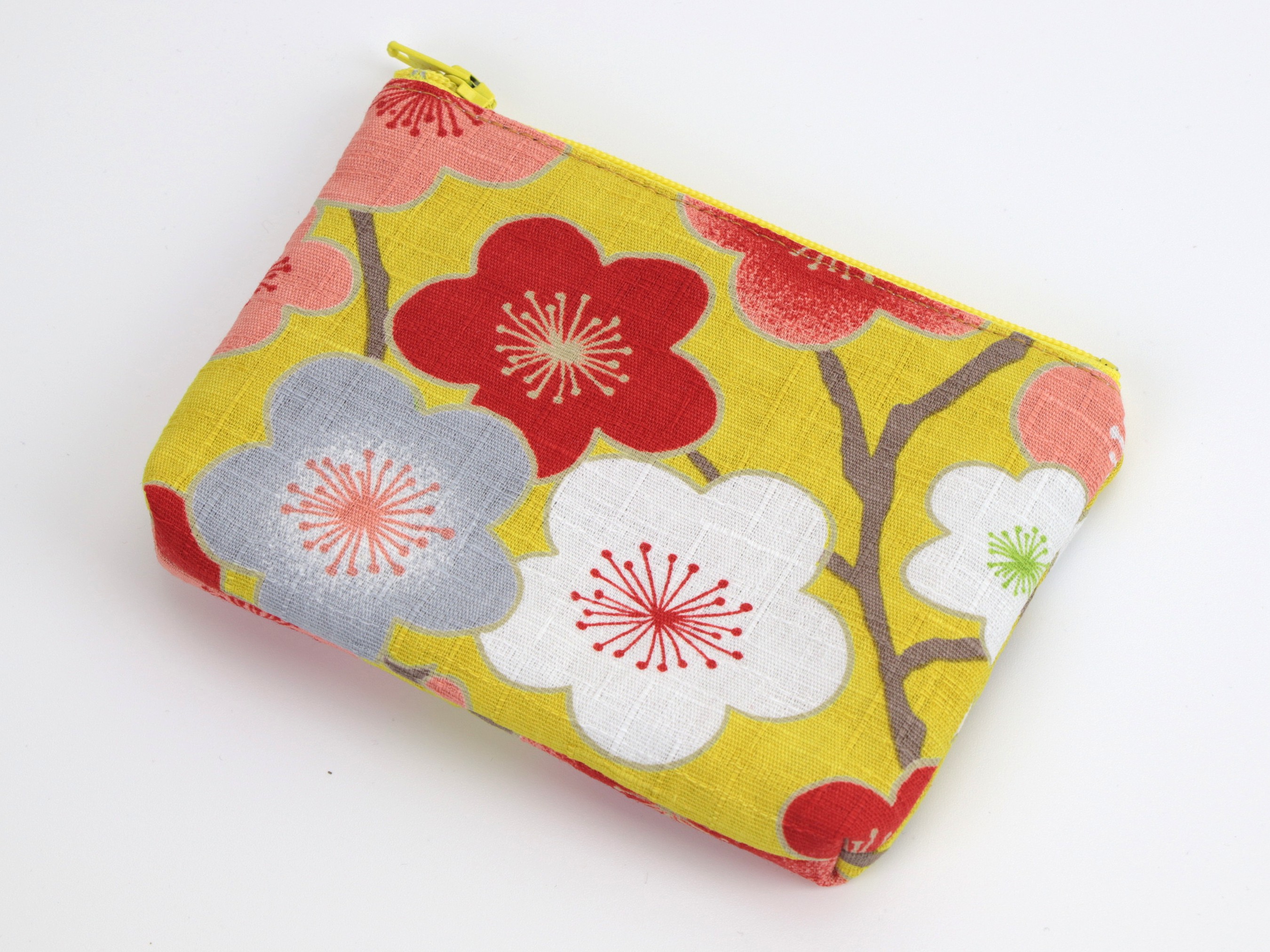 Lip Balm Pouch, Business Card Holder, Coin Purse Kimono Cotton Fabric, Plum Blossoms Mustard
