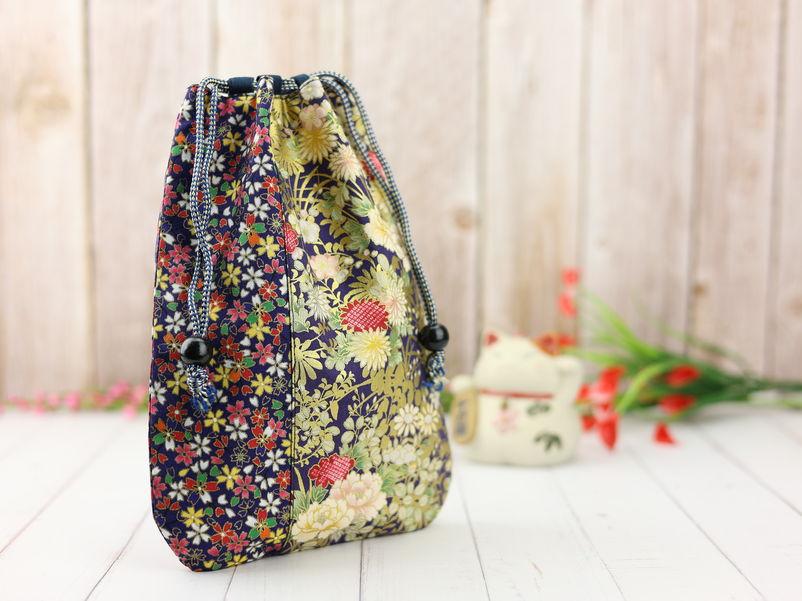 Peony Kinchaku Pouch, Japanese Floral Drawstring Bag, Gold Accents, Handmade Gift Bag