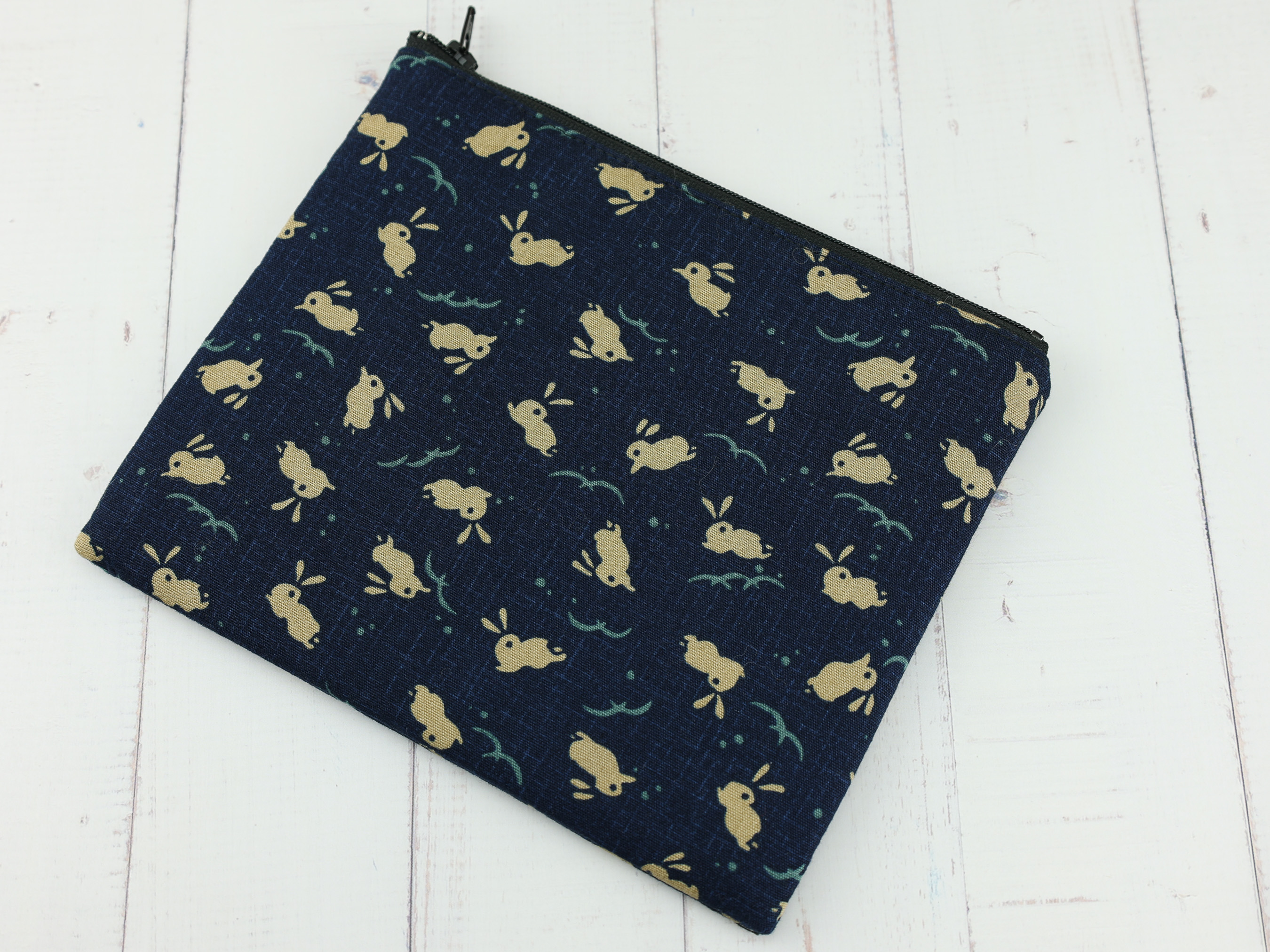 Navy Rabbit Pouch – Japanese Zipper Bag with Hopping Bunny & Water Pattern on Traditional Indigo Fabric