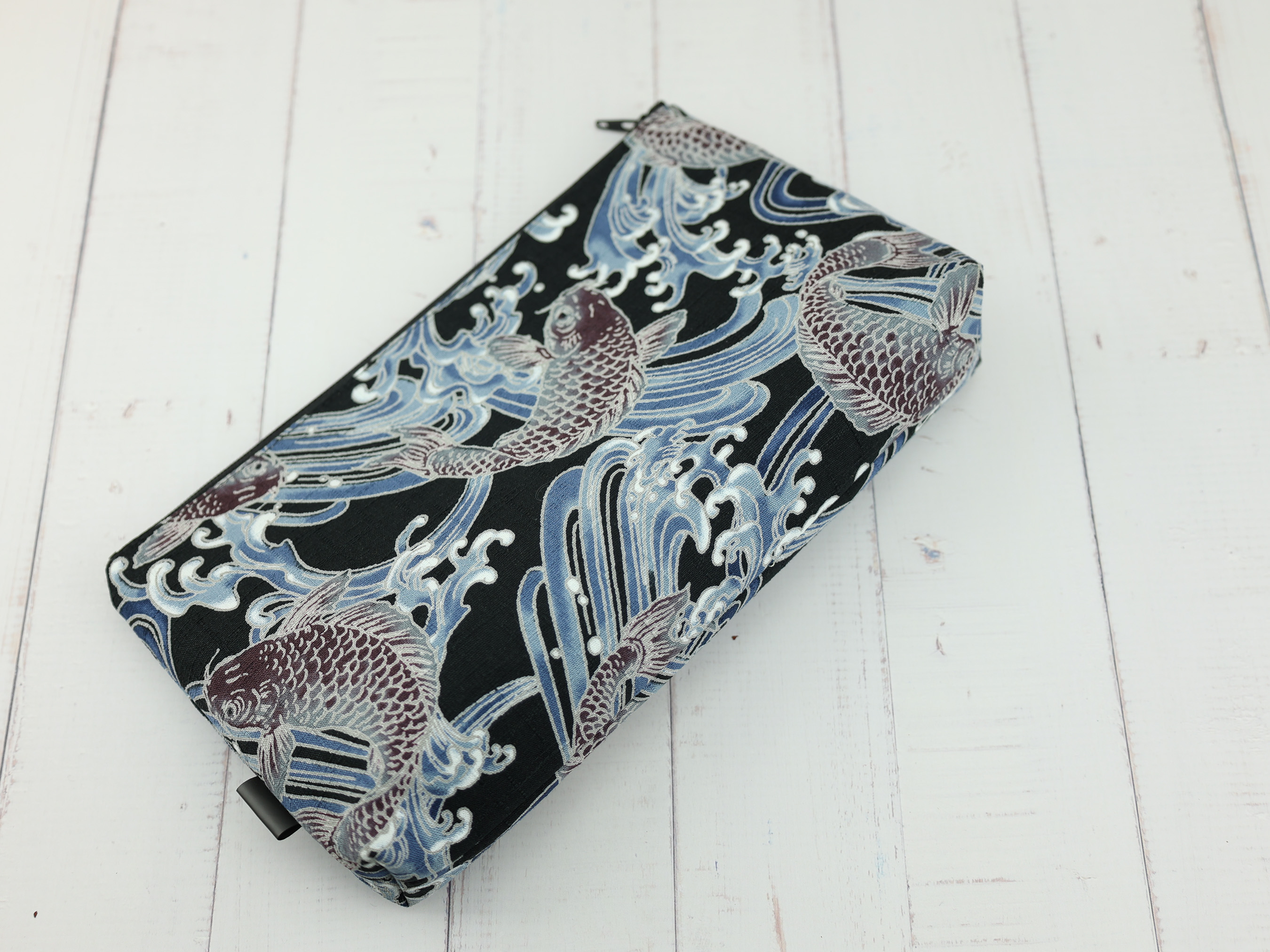 Japanese Koi Fish Wave Zipper Pouch – Cotton Makeup Bag, Washi-Inspired Pattern, Handmade Gift