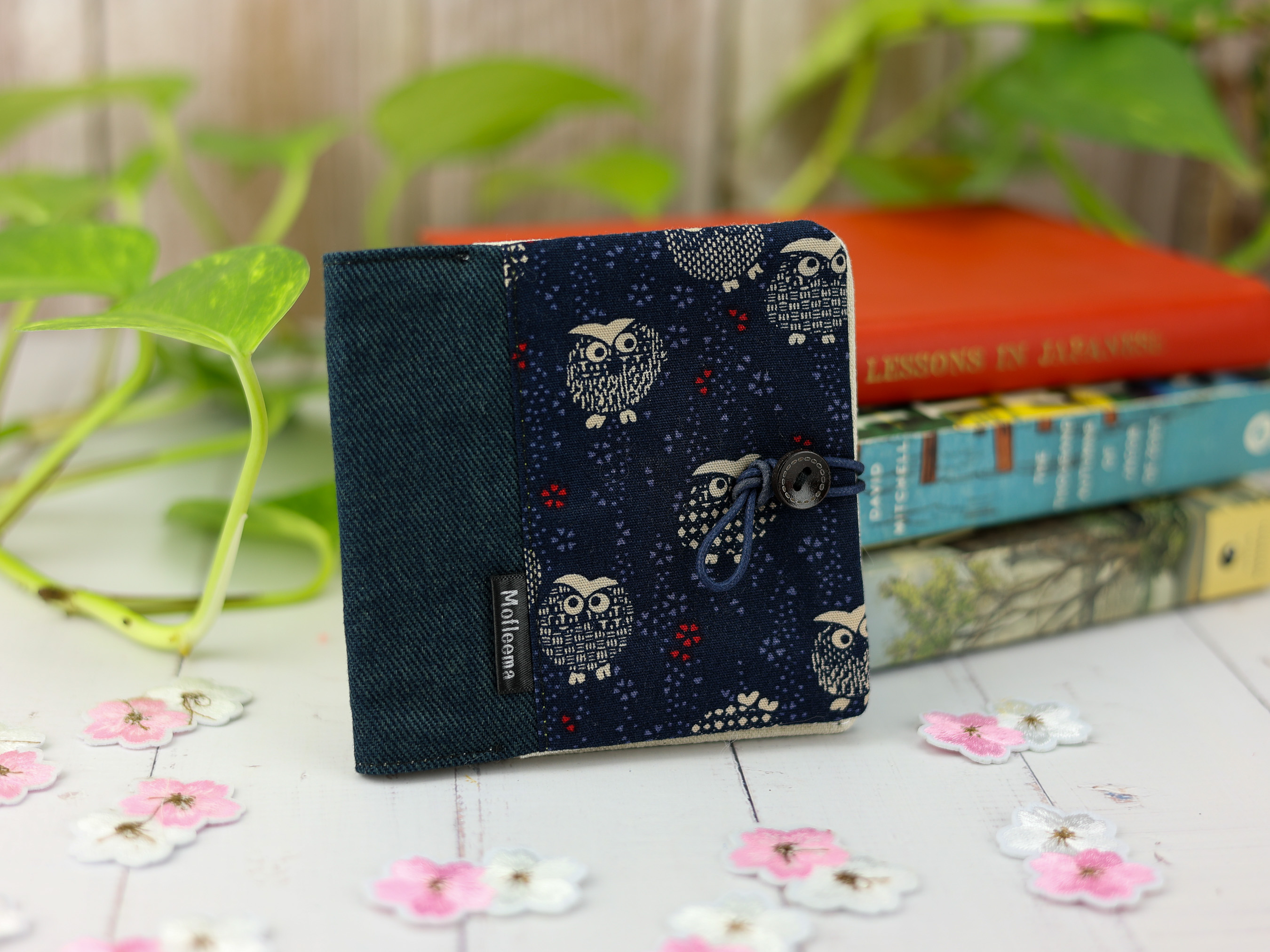 Japanese Owl Period Pouch – Navy Cotton and Denim, Lucky Animal Motif, Handmade in Canada