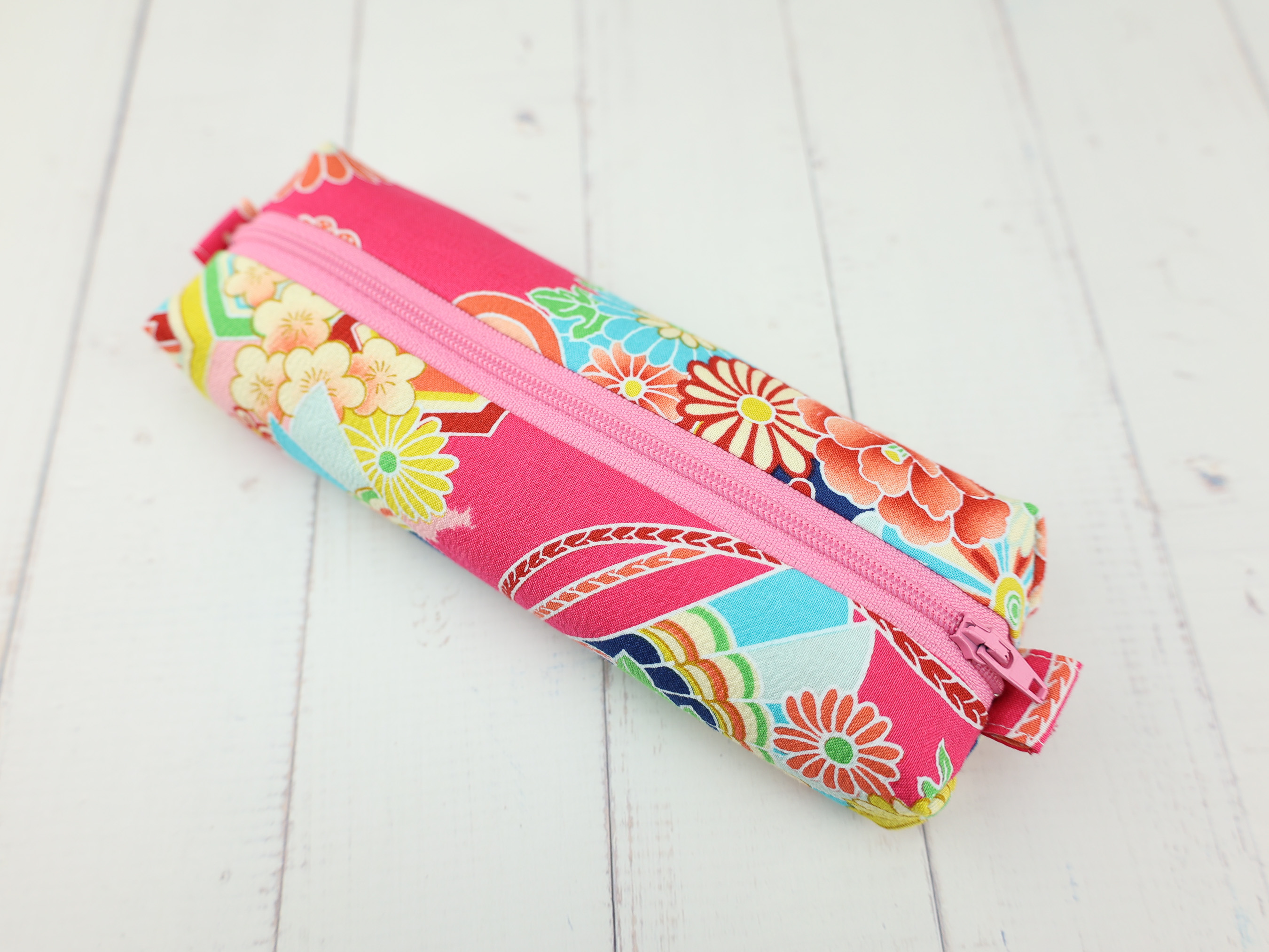 Peony & Fan Zipper Pouch – Bold Japanese Pencil Case in Vibrant Pink Kimono Fabric, Soft Lined