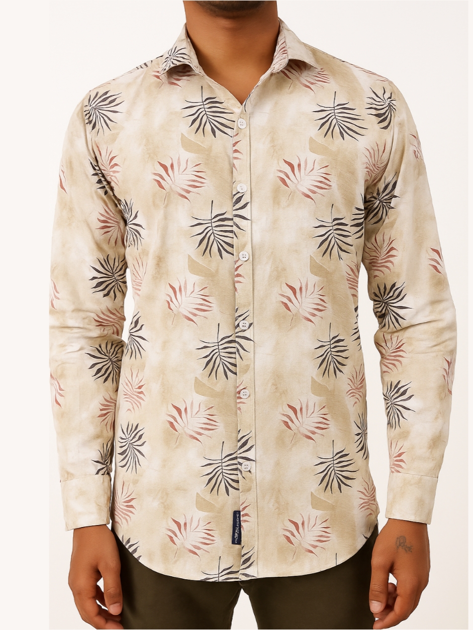 Floral Beige Leaf Print Long Sleeve Shirt