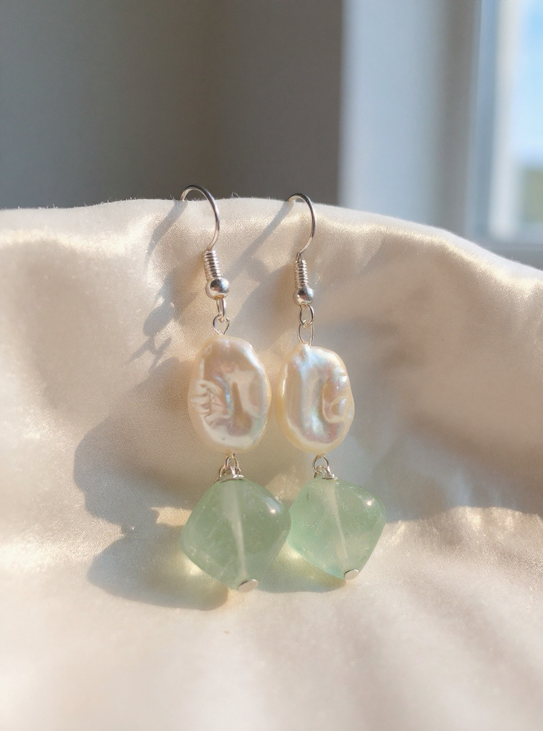 Handcrafted Pearl and Green Stone Earrings. Gift for her.