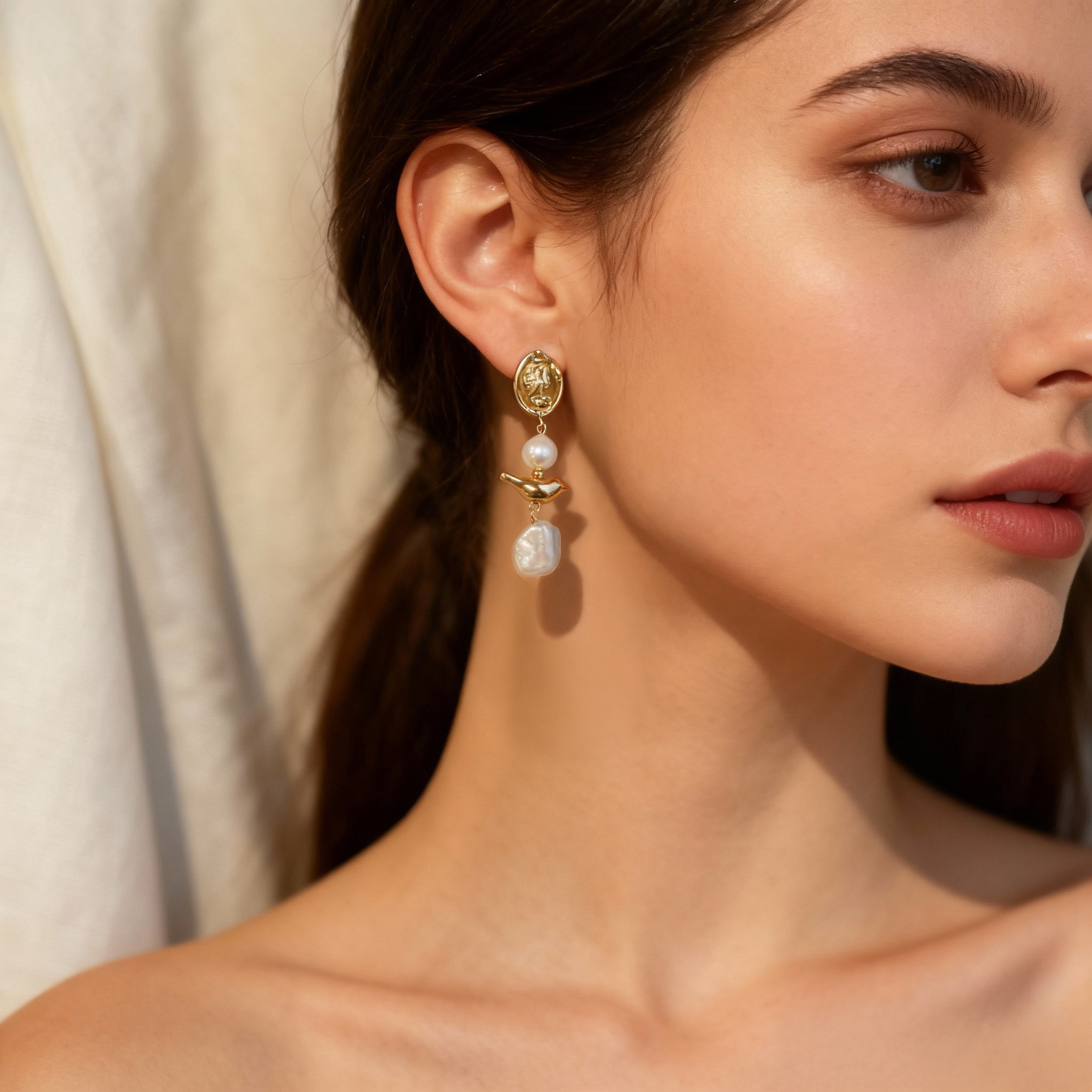 Gold Bird Pearl Earrings