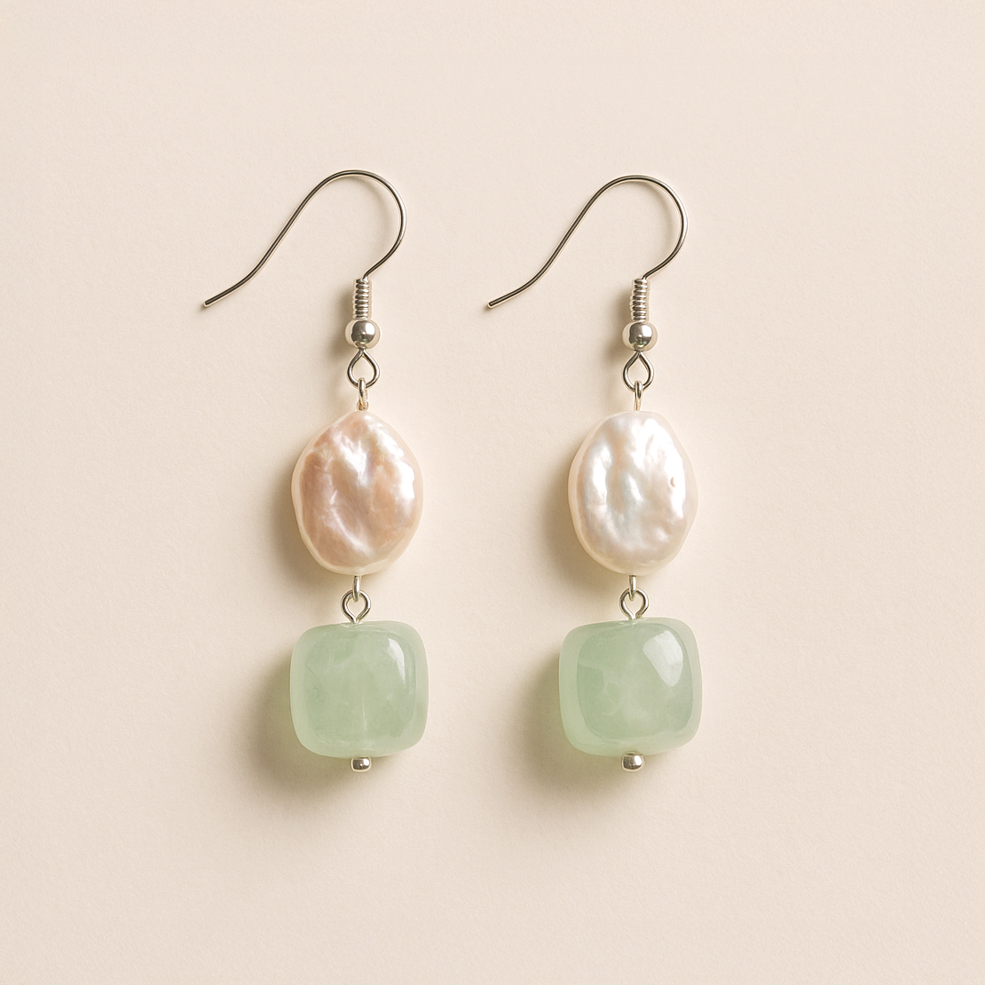 Handcrafted Pearl and Green Stone Earrings. Gift for her.