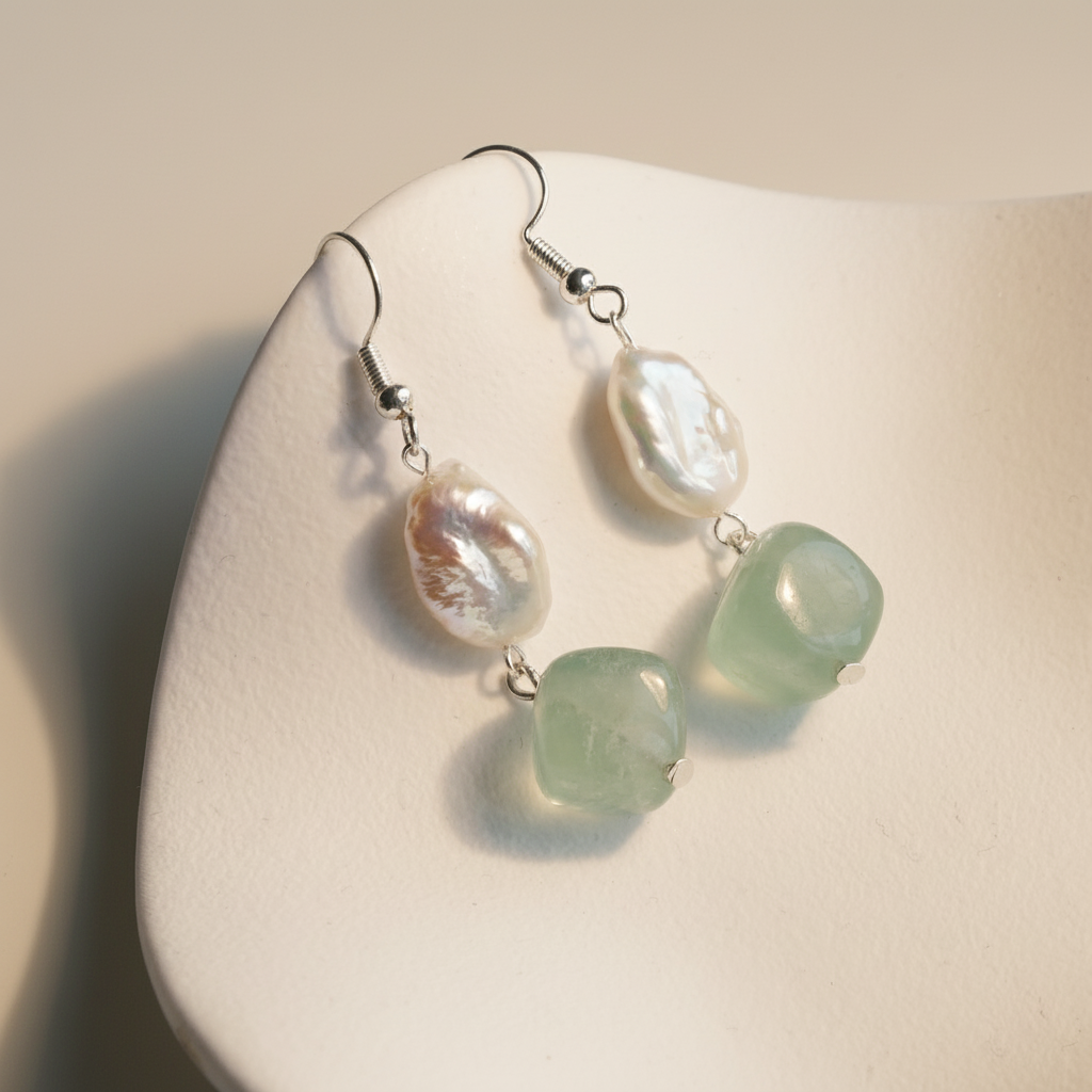 Handcrafted Pearl and Green Stone Earrings. Gift for her.