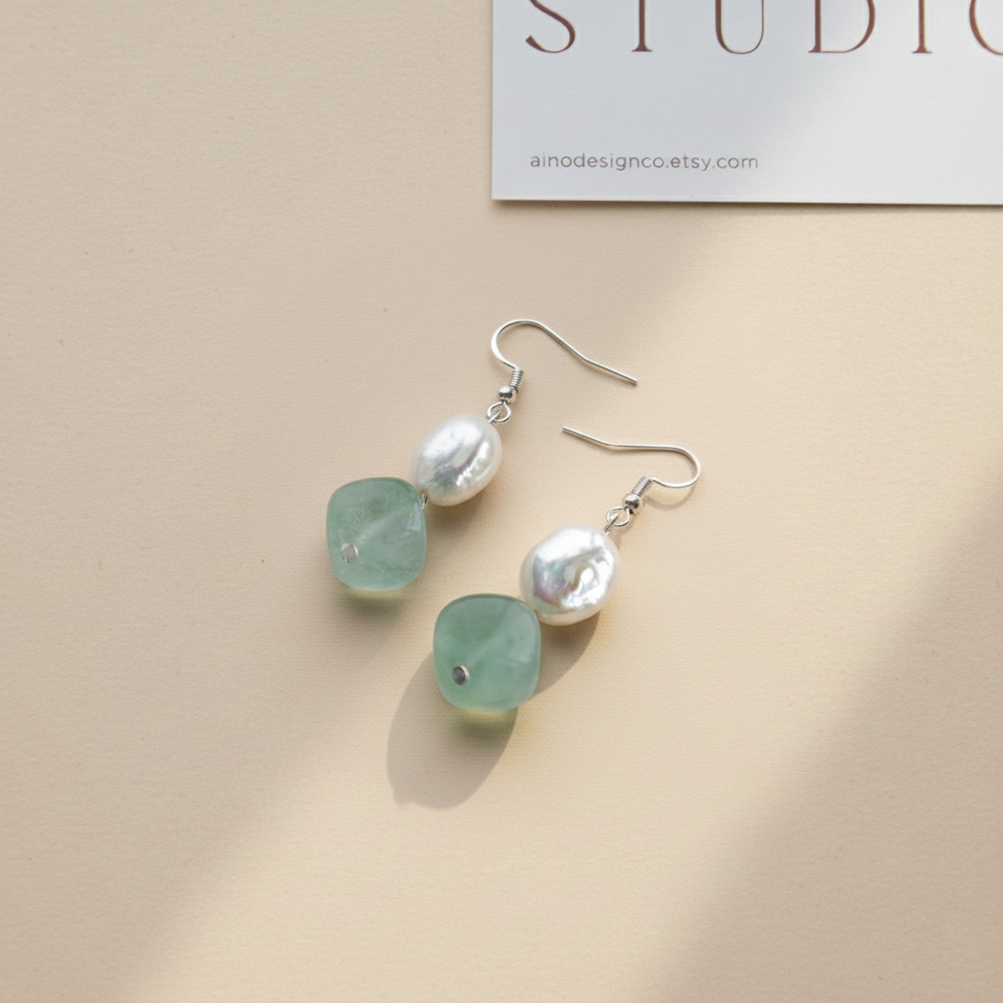 Handcrafted Pearl and Green Stone Earrings. Gift for her.