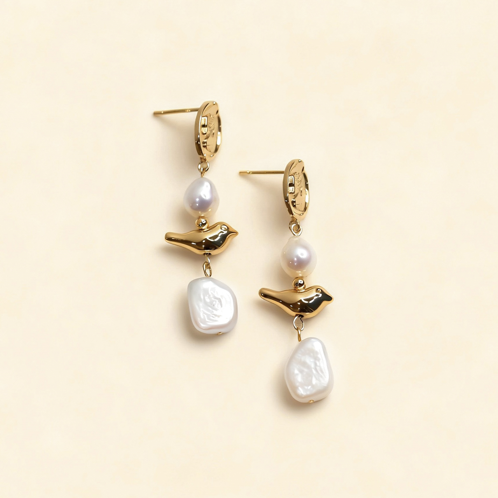 Gold Bird Pearl Earrings