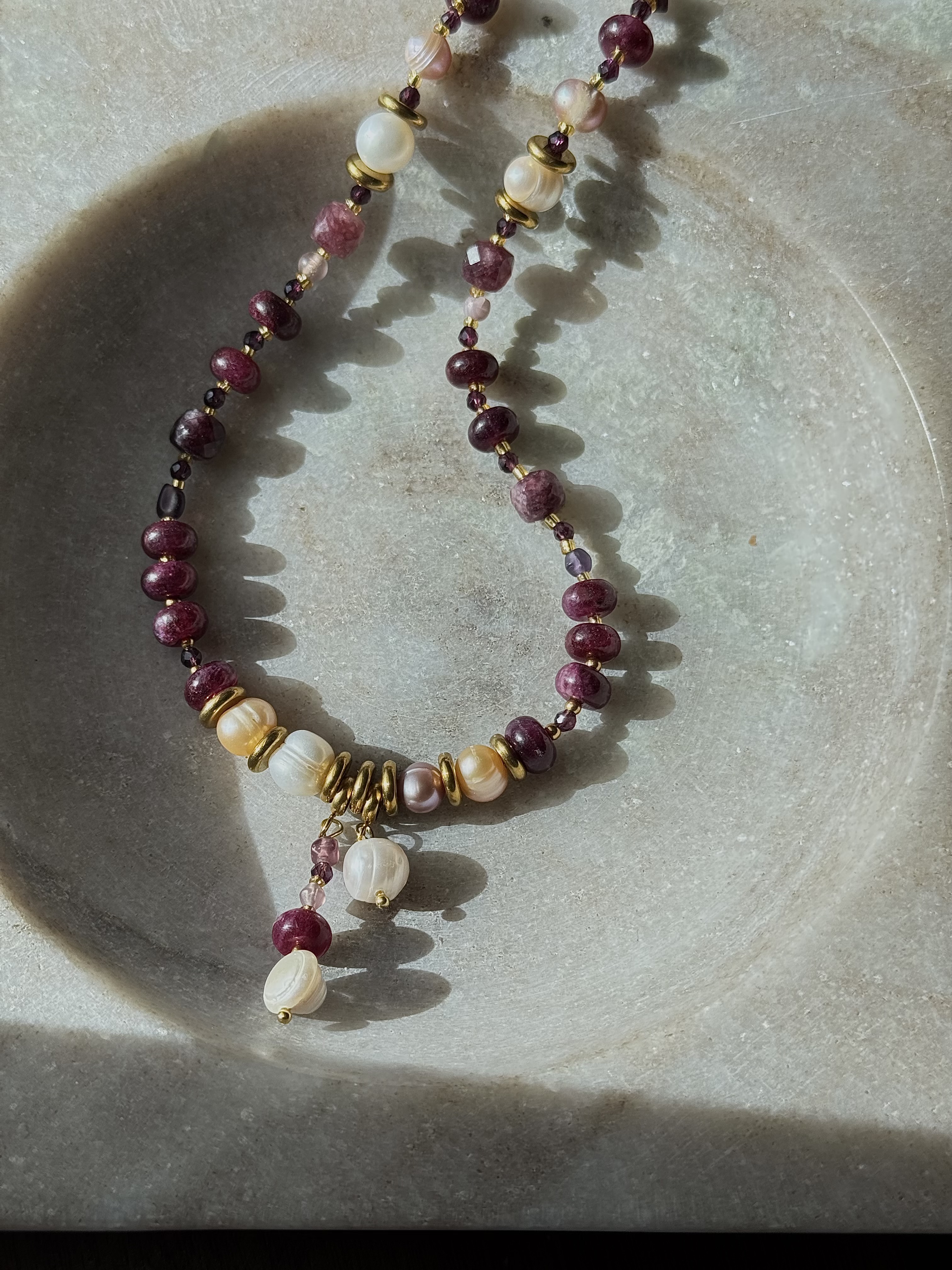 Purple Garnet & Pearl Beaded Necklace 