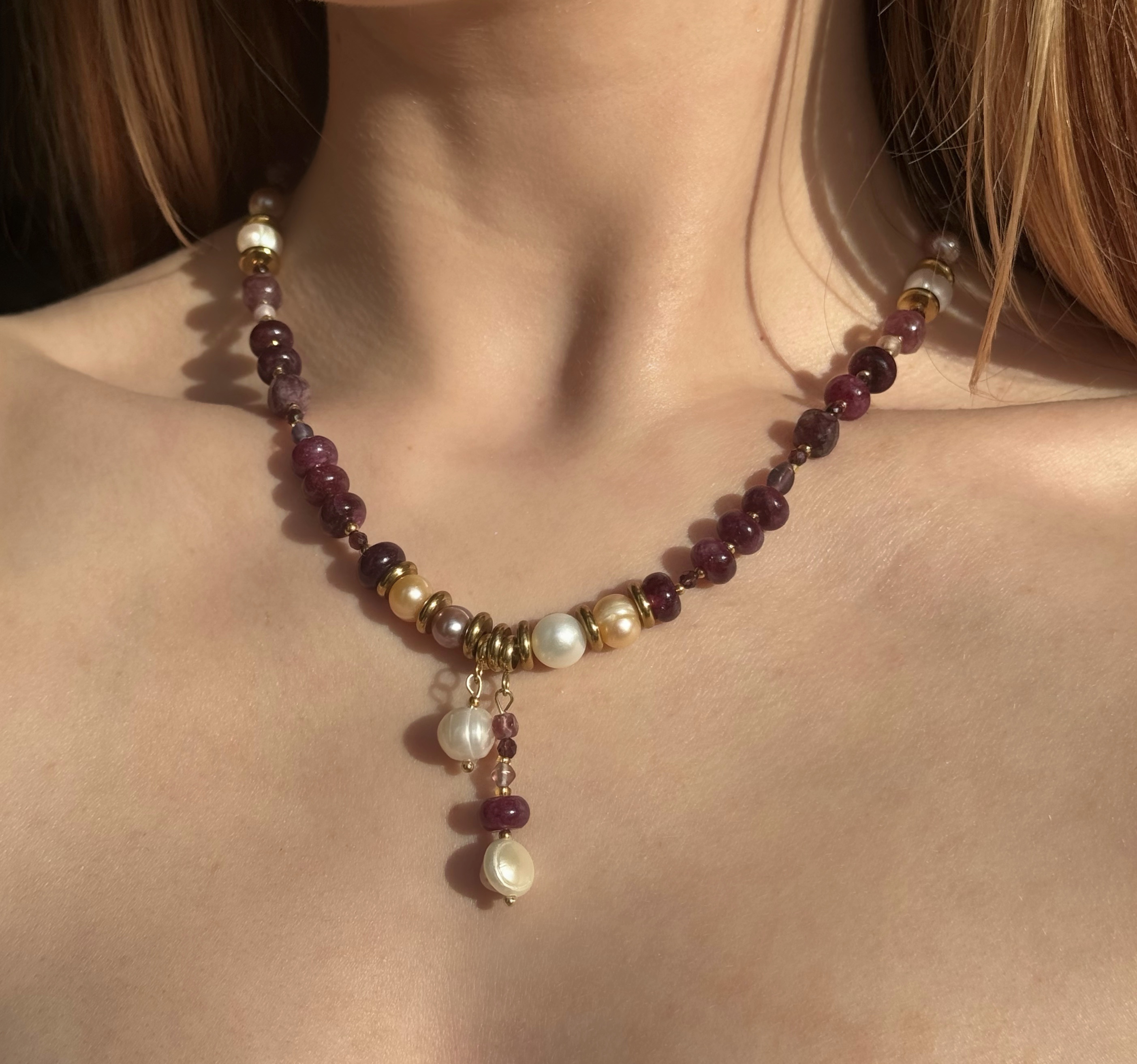 Purple Garnet & Pearl Beaded Necklace 