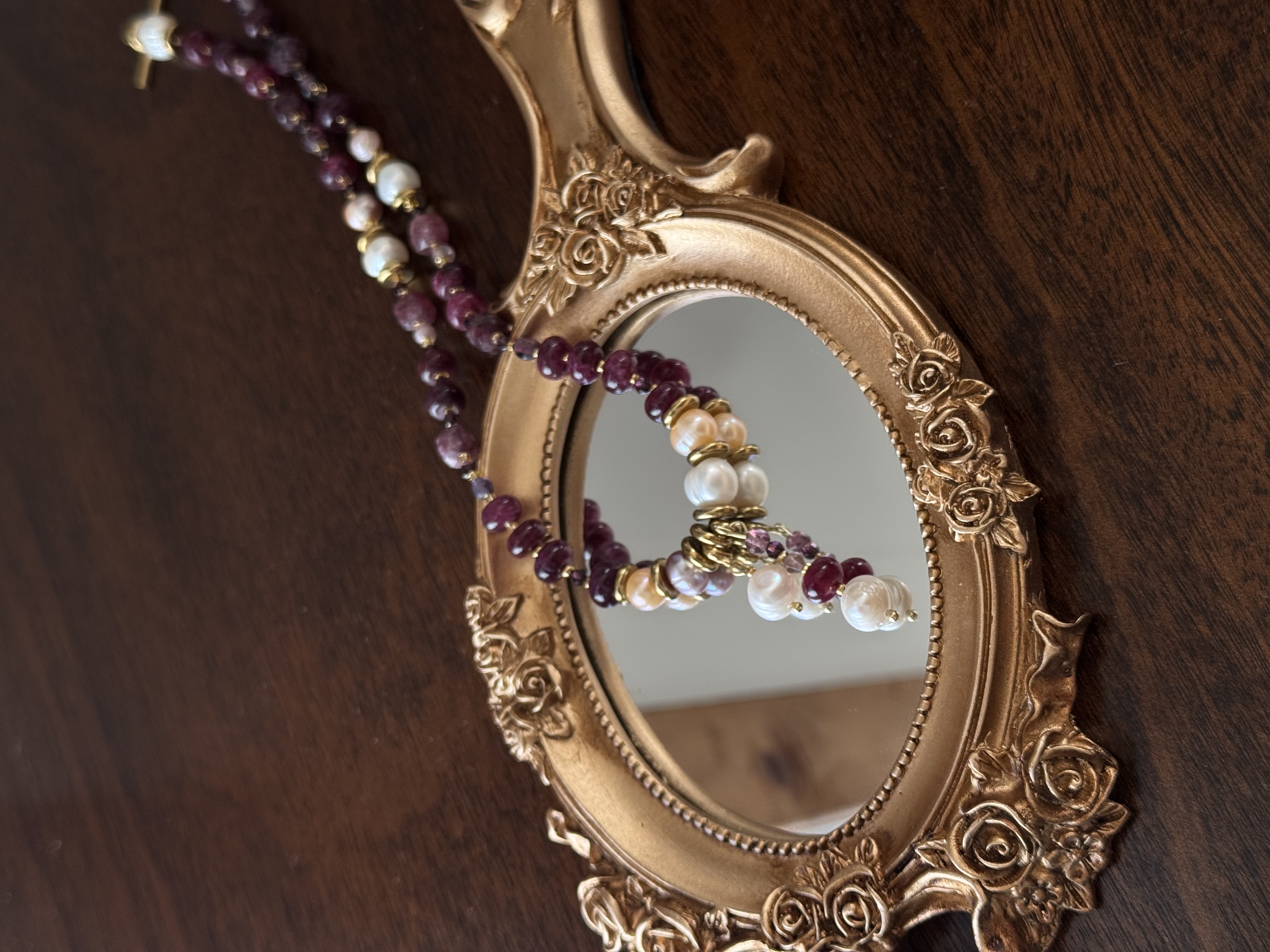 Purple Garnet & Pearl Beaded Necklace 