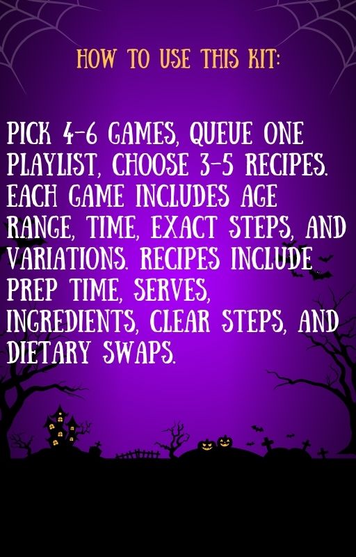 Halloween At-Home Guide - 15 Games- 37 Playlists- 14  Recipes- PDF 26 Pages
