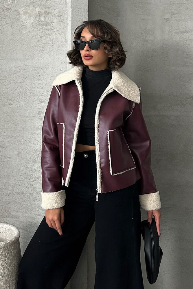 Veste en cuir Burgundi avec doublure en fourrure