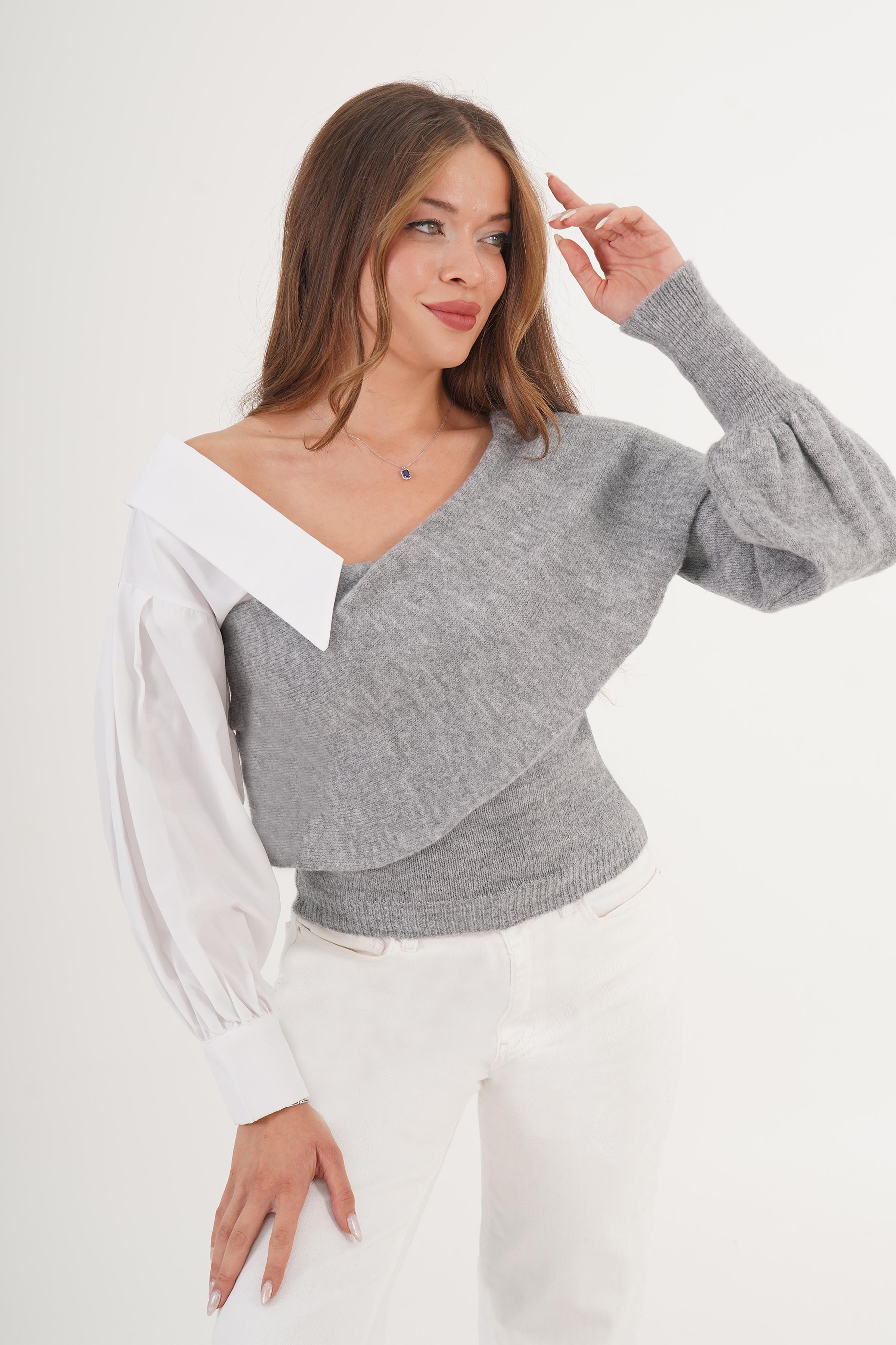 Pull asymétrique gris et blanc