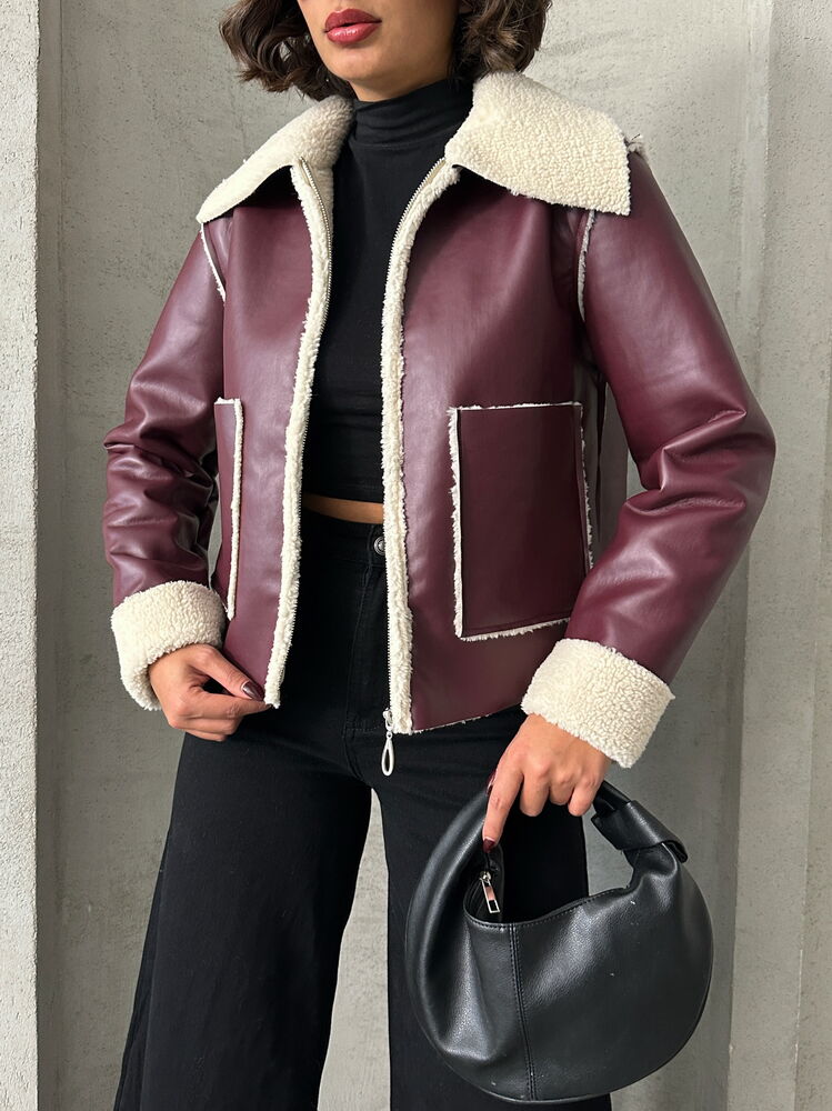 Veste en cuir Burgundi avec doublure en fourrure