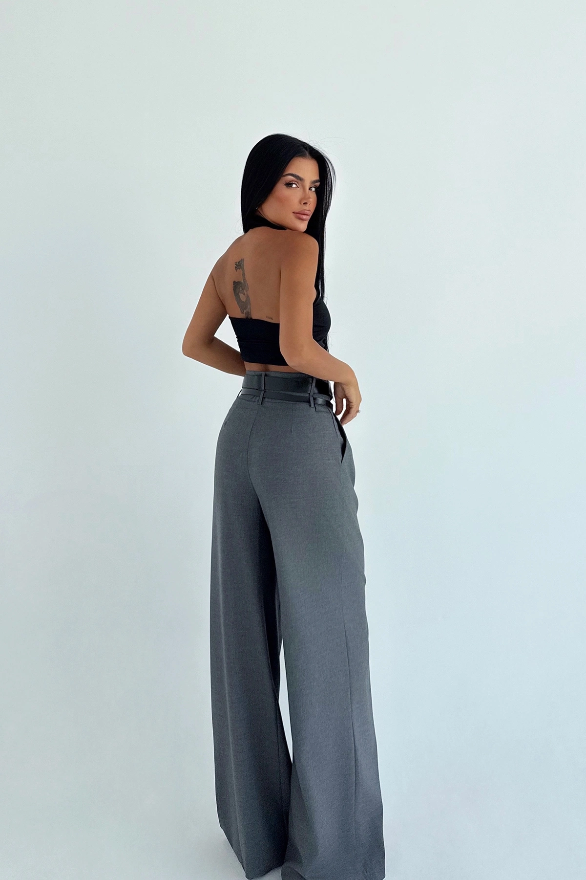 Pantalon large taille haute gris