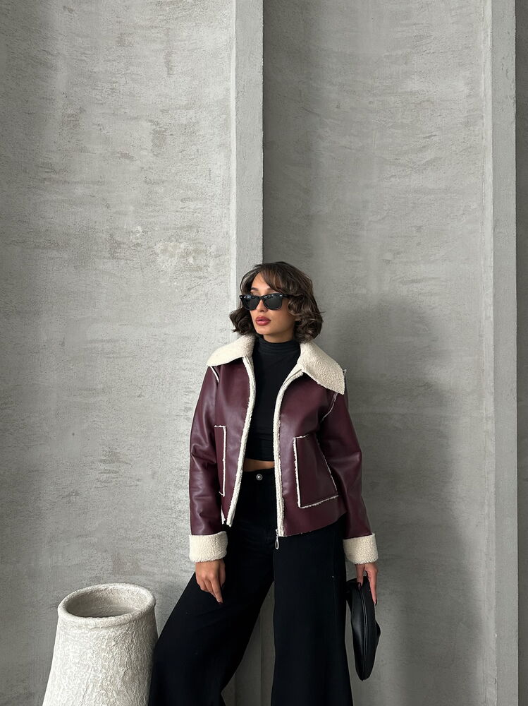 Veste en cuir Burgundi avec doublure en fourrure