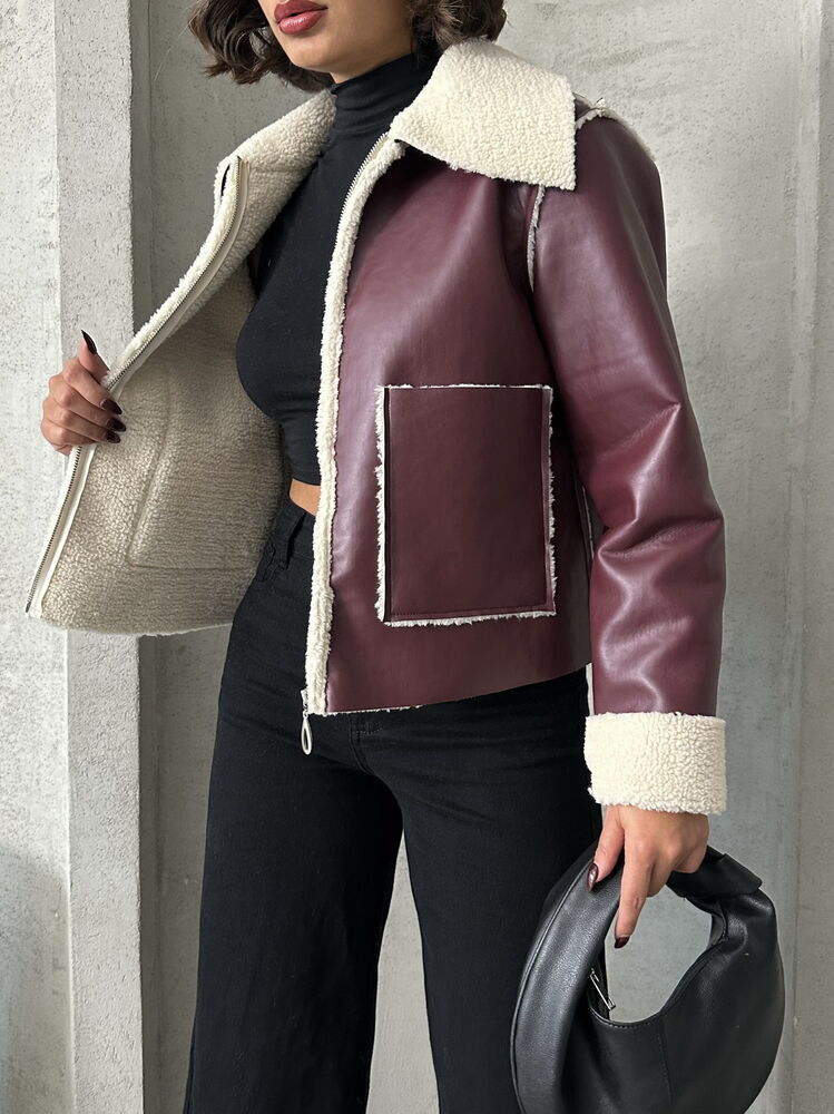 Veste en cuir Burgundi avec doublure en fourrure