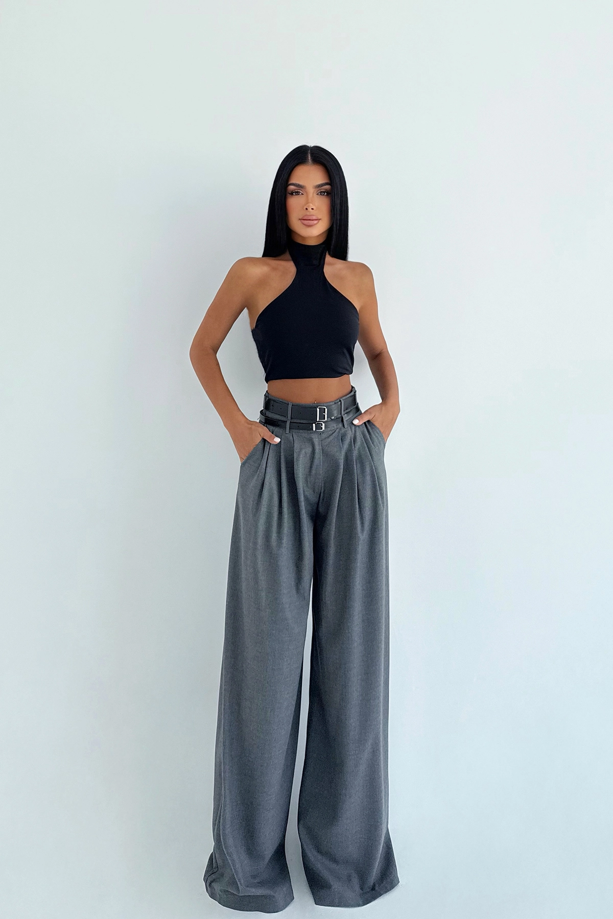 Pantalon large taille haute gris