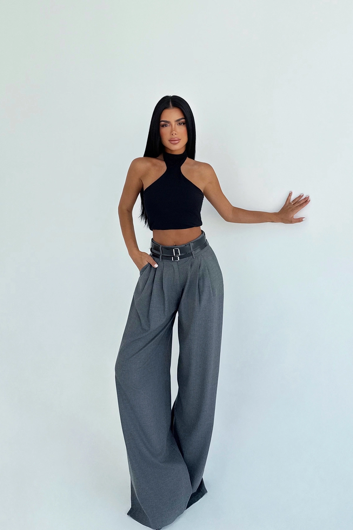 Pantalon large taille haute gris