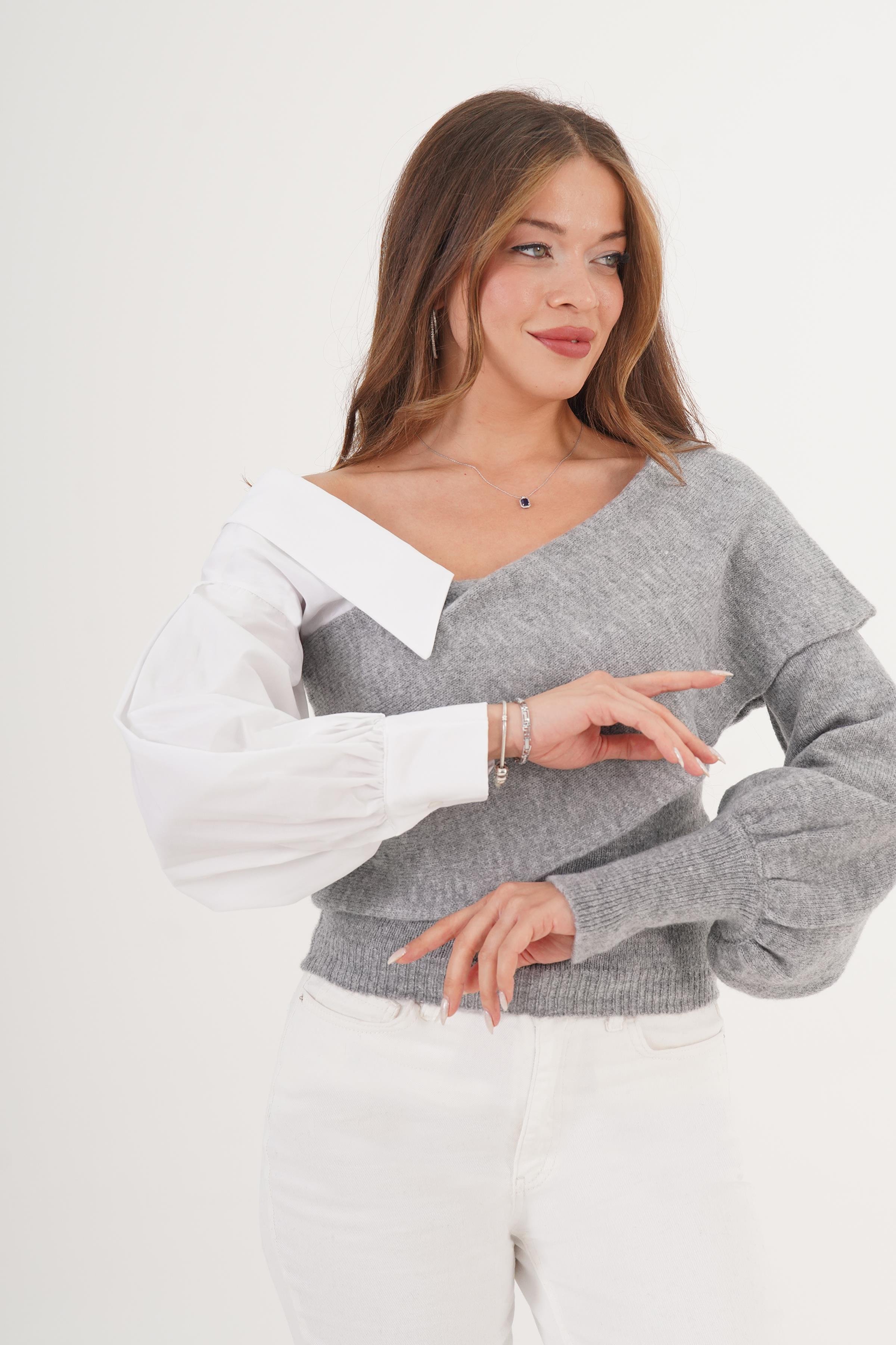 Pull asymétrique gris et blanc