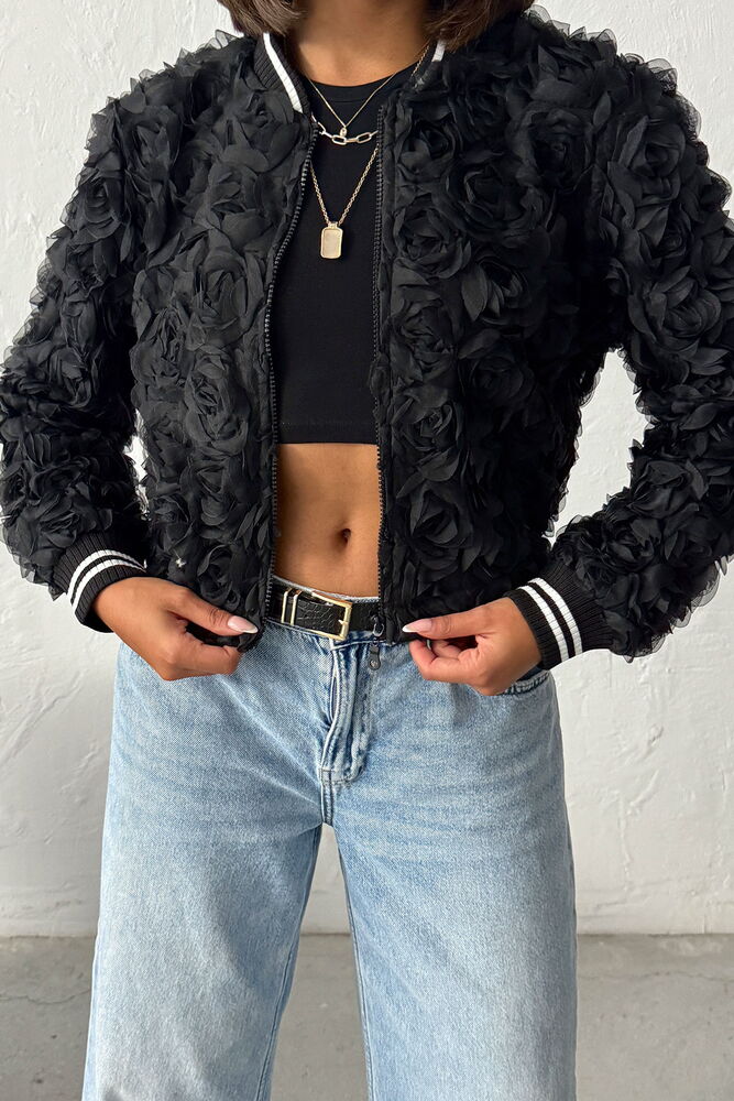 Veste bomber à fleurs noires texturée