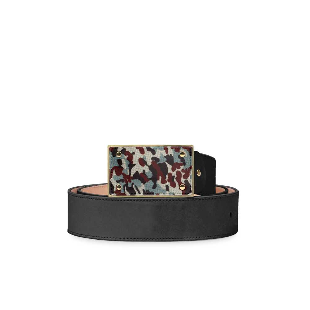 Black Leather Belt with Camouflage Buckle