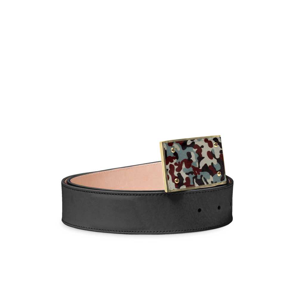 Black Leather Belt with Camouflage Buckle