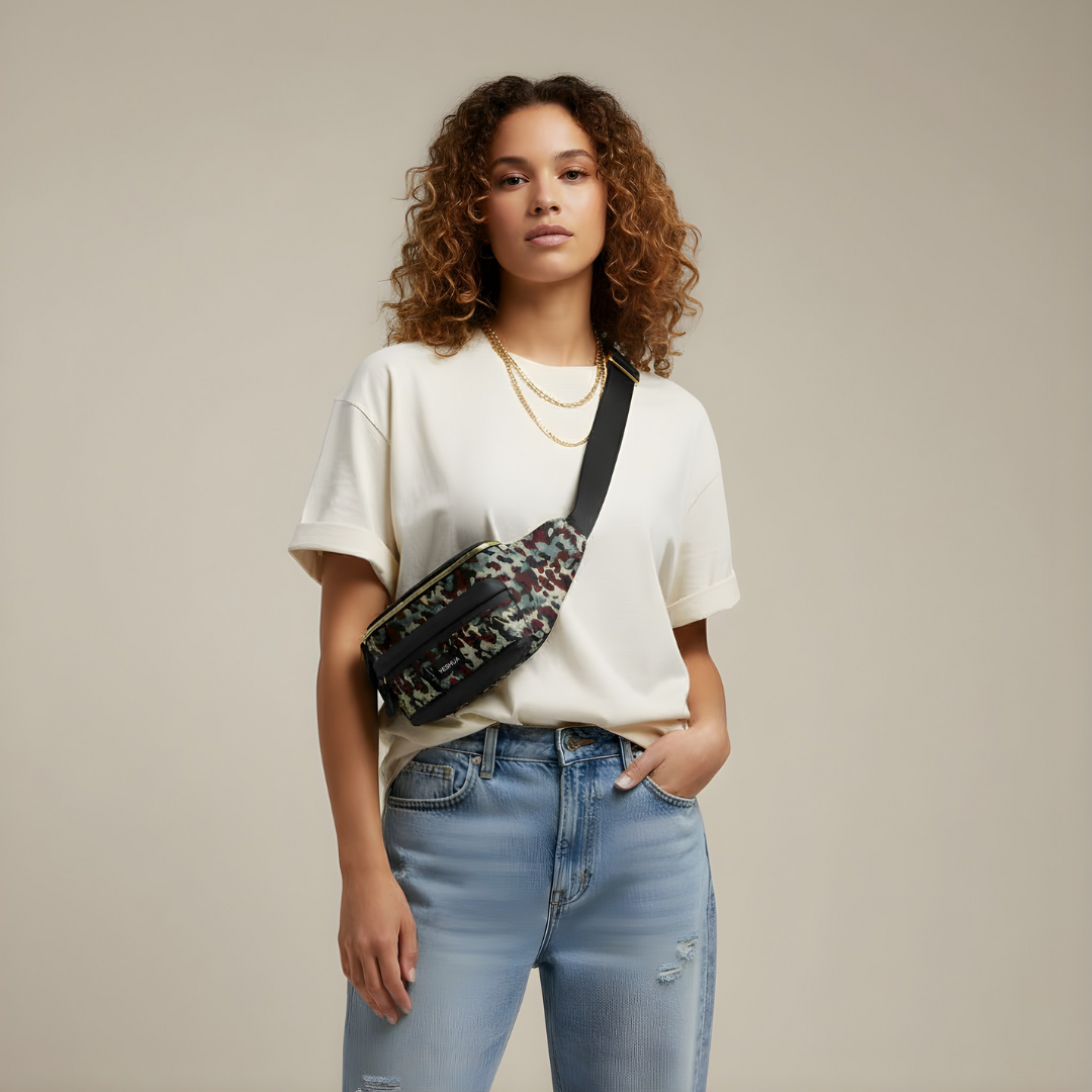 Black Crossbody Bag with Camo Print