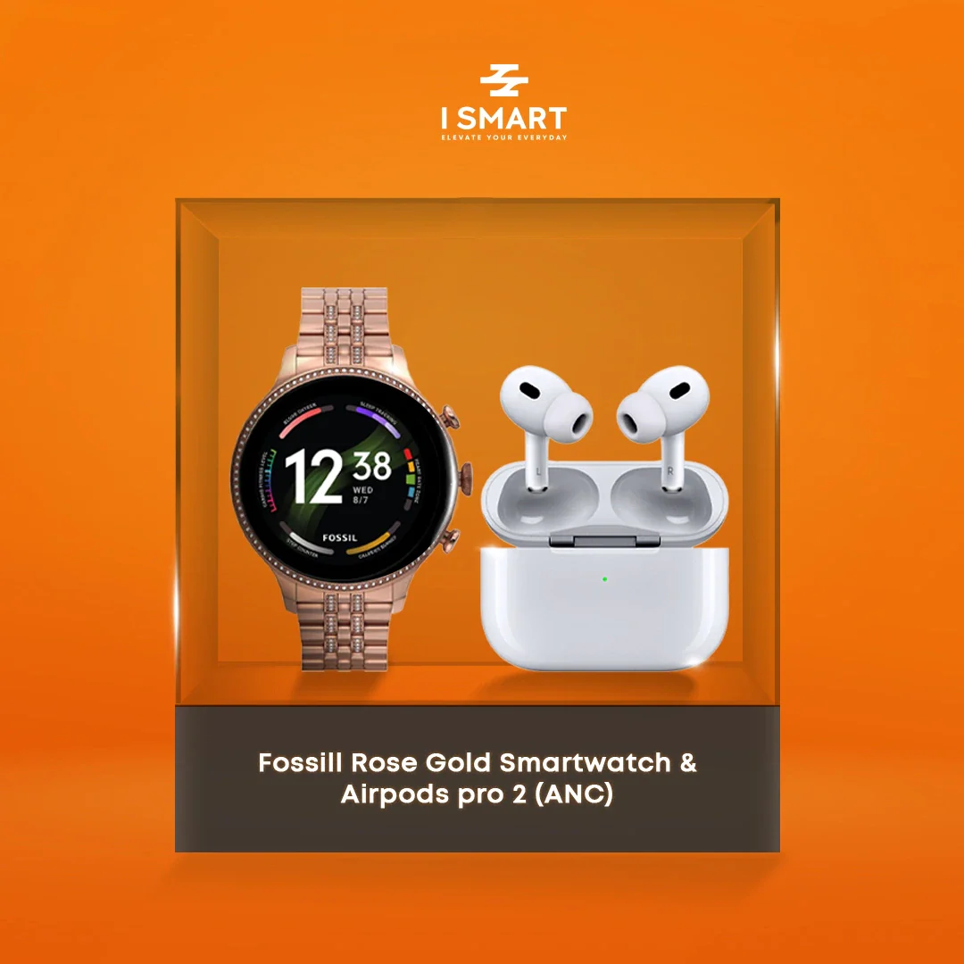 I Smart Fossill Rose Gold Smartwatch and Airpods pro 2 with active noice cancelation and ANC