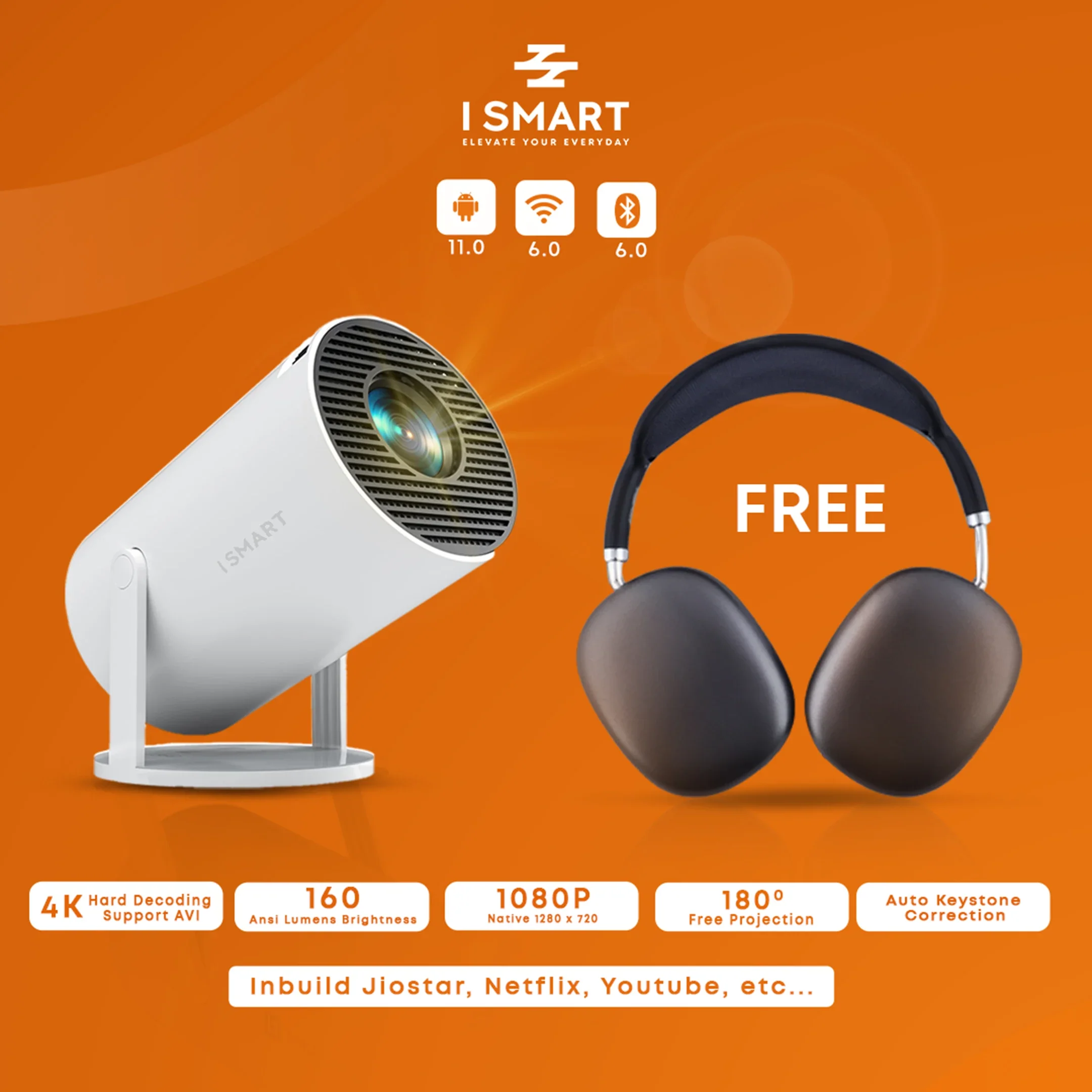 Smart 4K Android Projector – With Built-in Speaker, HDMI, Wi-Fi, Netflix, YouTube + P9 Boom Headphone(ANC)