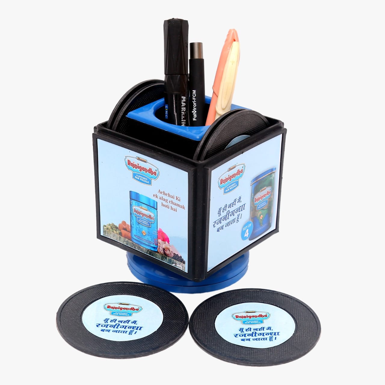 Revolving pen stand with coaster plates