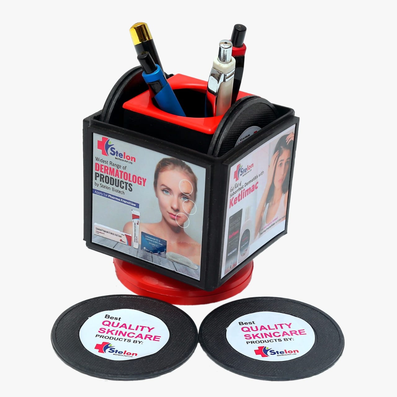 Revolving pen stand with coaster plates