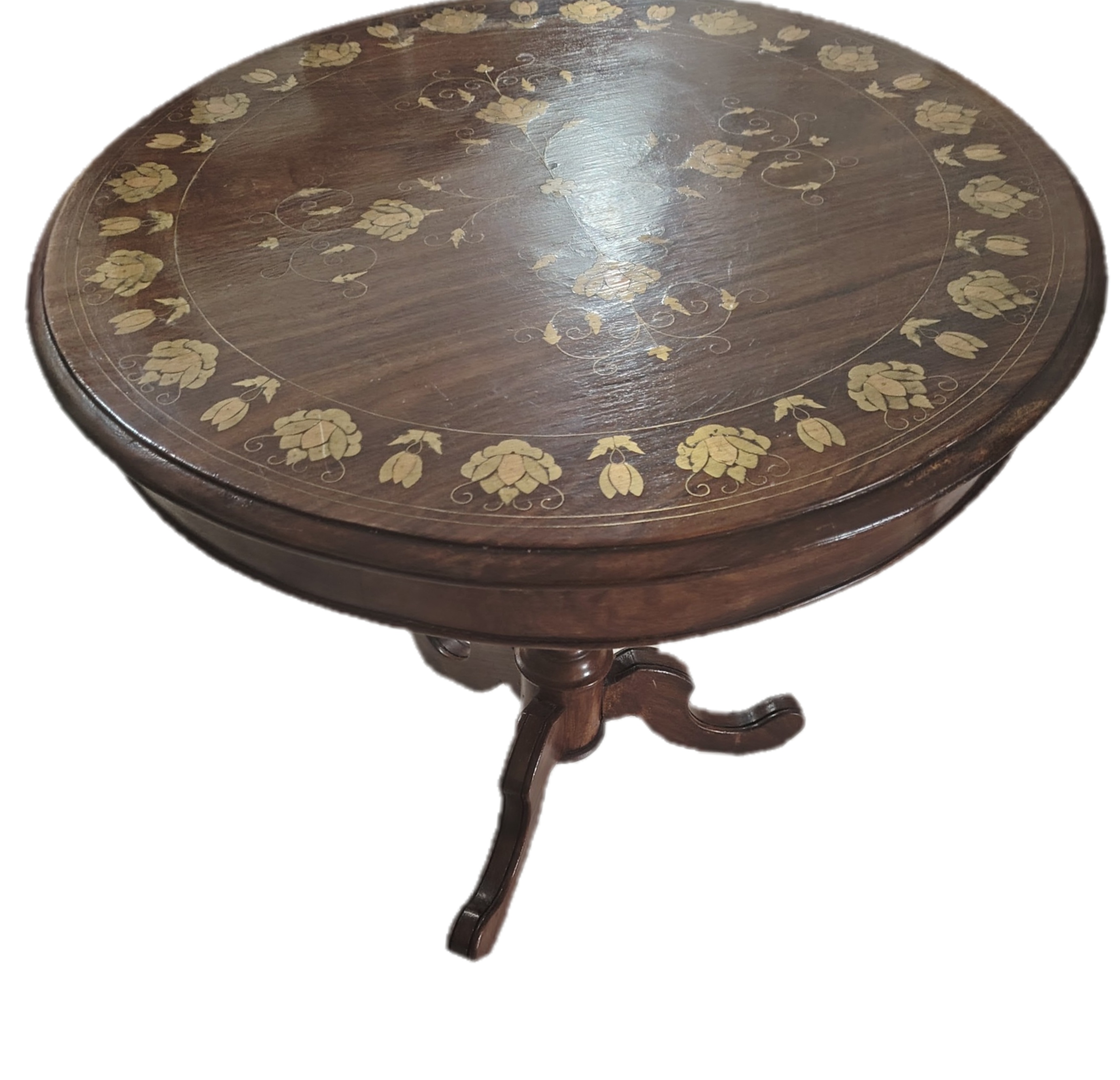 Elegant Handcrafted Floral Brass Inlay Pedestal Table