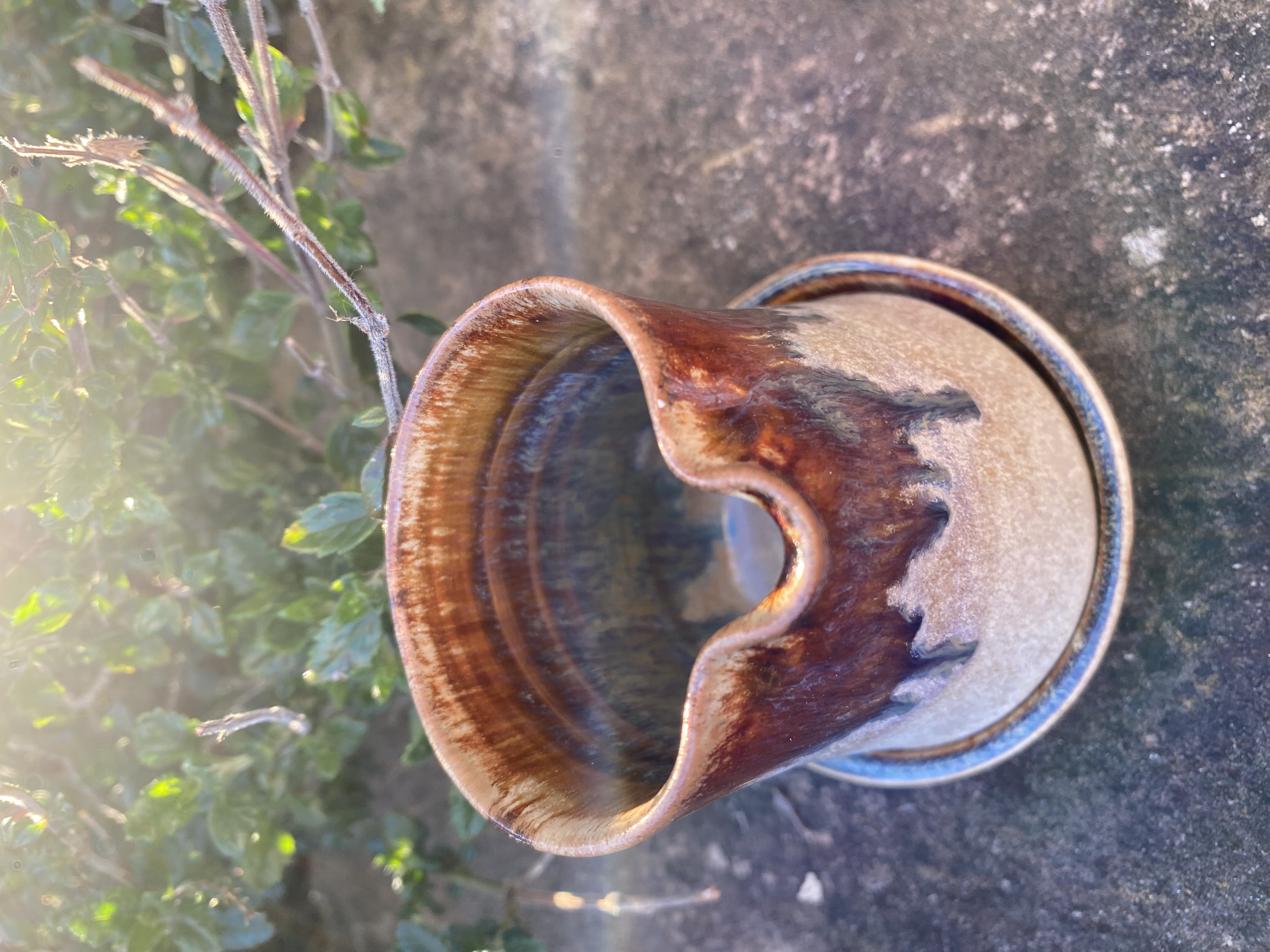 Handmade small ceramic stoneware jug with matching saucer
