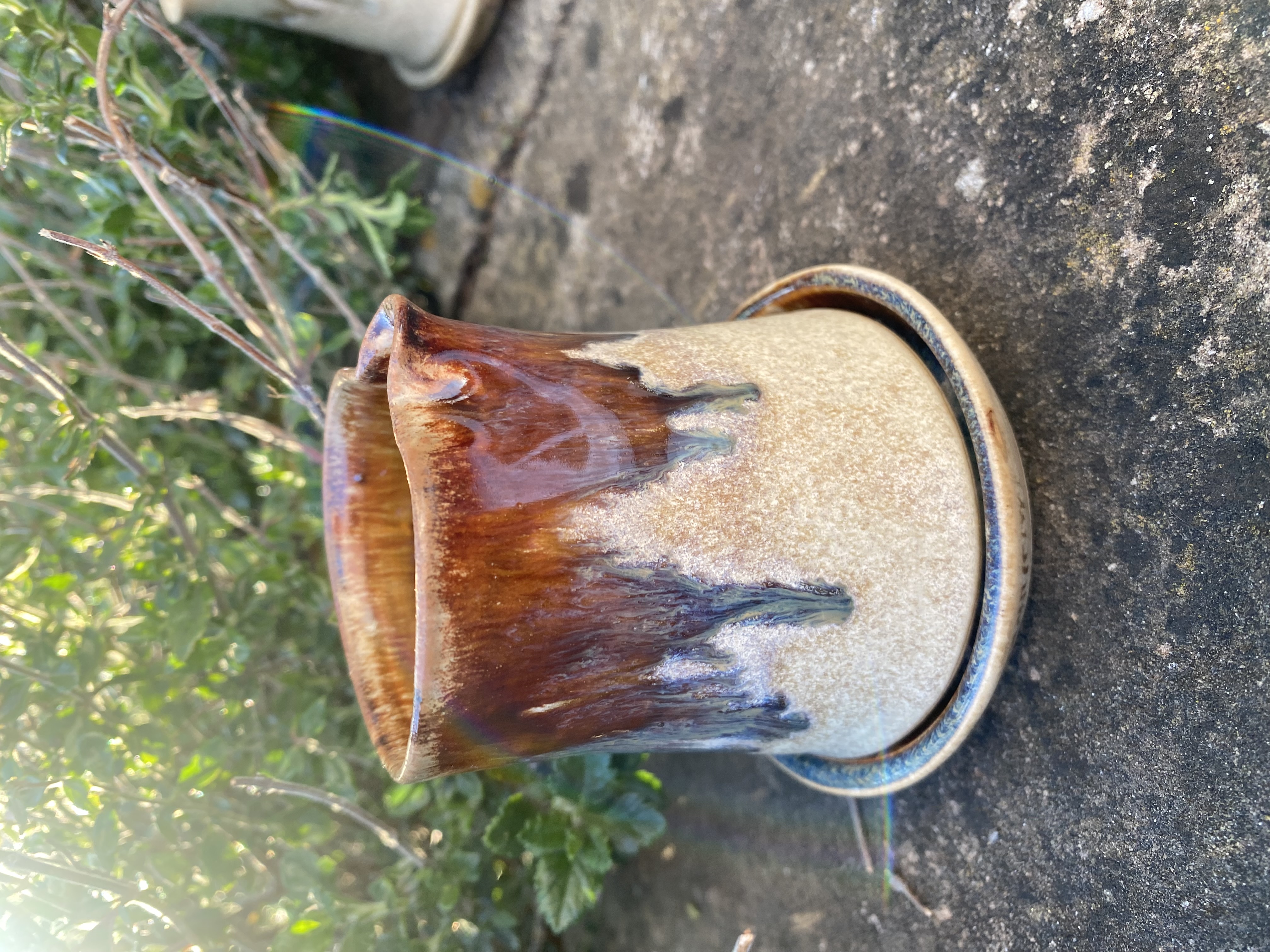 Handmade small ceramic stoneware jug with matching saucer