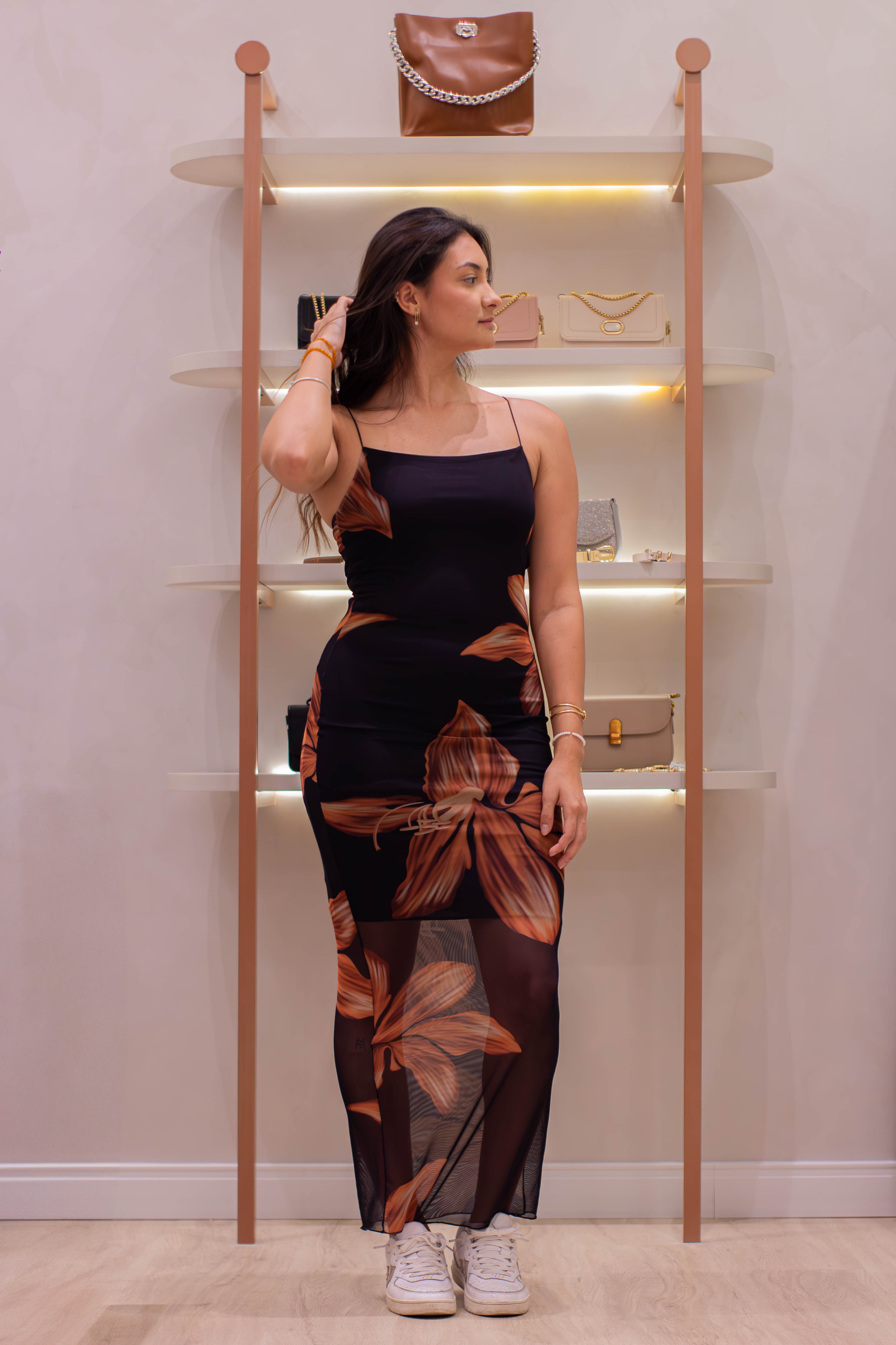 Vestido longo floral preto