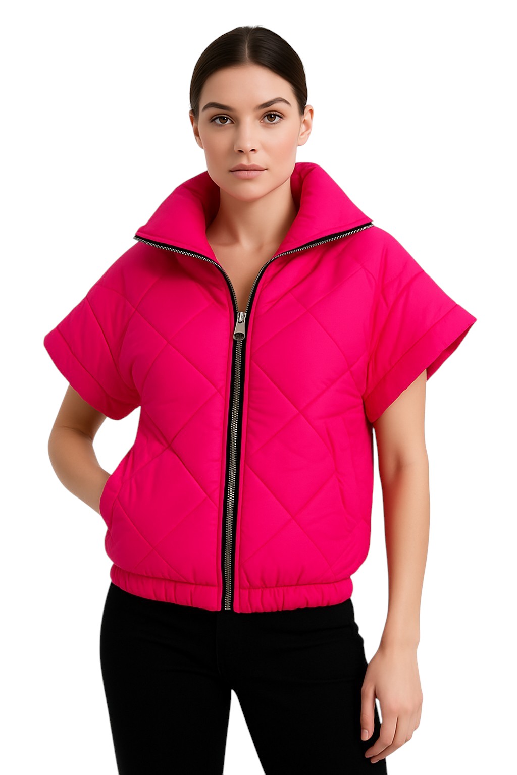 Fusia Pink Quilted Short Sleeve Jacket