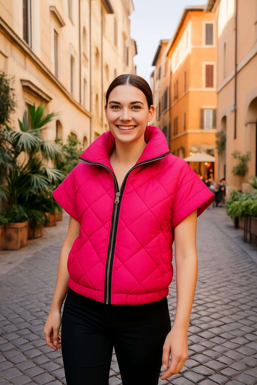 Fusia Pink Quilted Short Sleeve Jacket