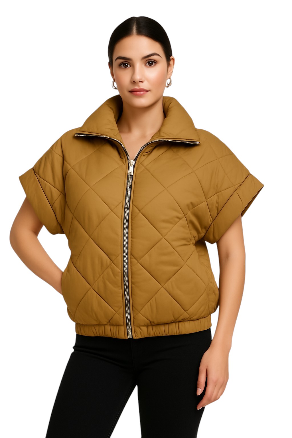 Brown Quilted Short Sleeve Jacket