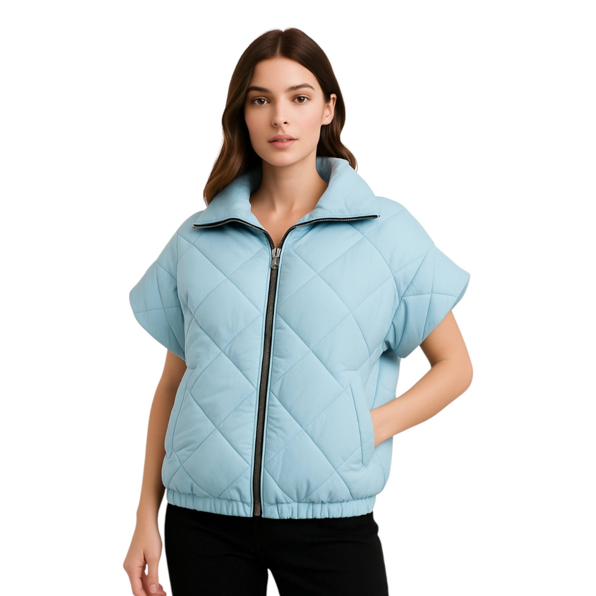 Sky blue quilted short-sleeve jacket